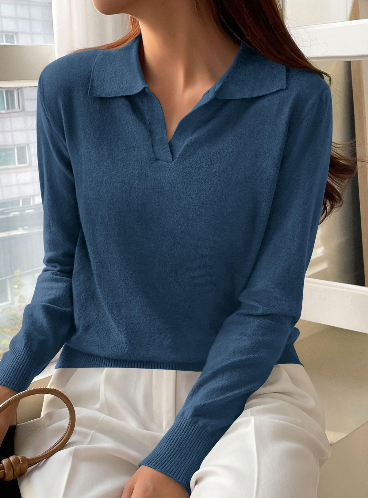 PRETTYGARDEN Womens Long Sleeve Collared Polo Sweater | Breathable Soft Ribbed Knit, Lapel V Neck Pullover Sweaters, Business Casual Work Office Tops, 2026 Trendy Fall Outfits