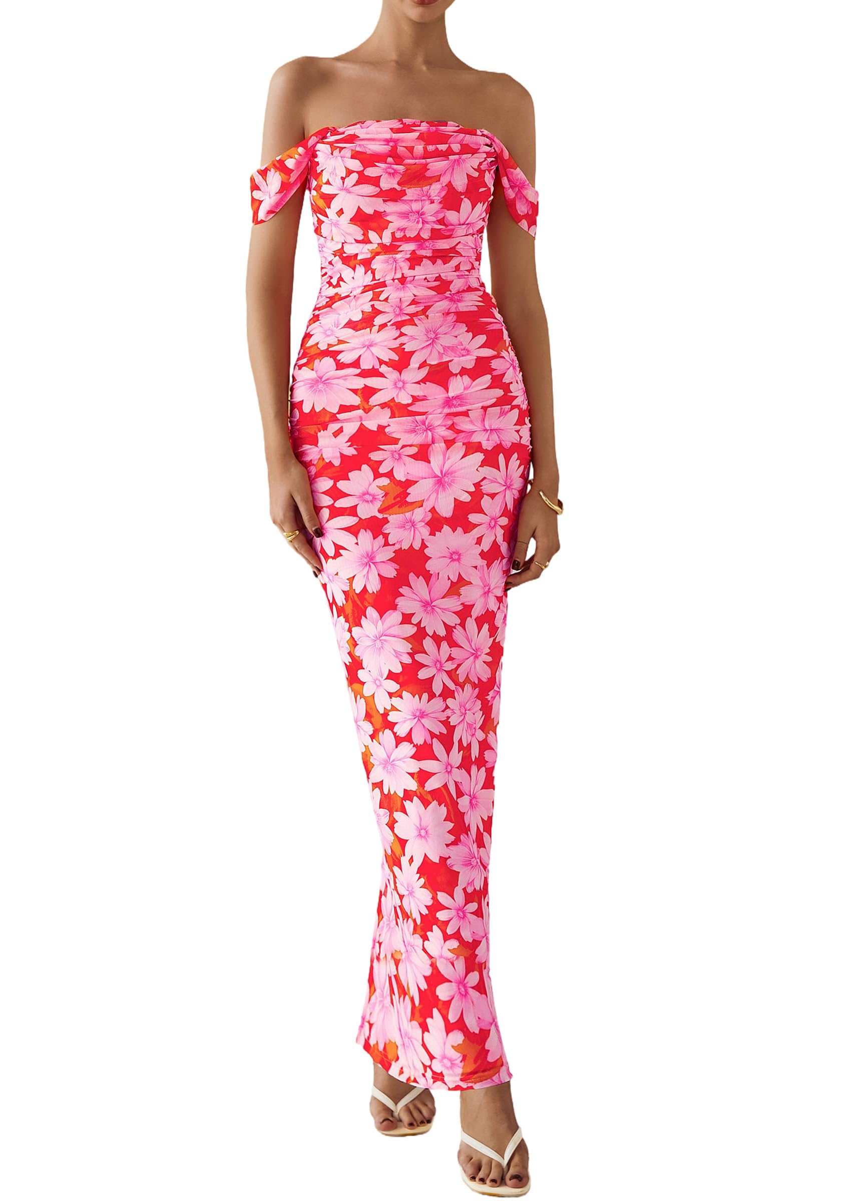 PRETTYGARDEN Cocktail Dresses for Women Summer Floral Off Shoulder Ruched Mesh Elegant Wedding Guest Maxi Dress