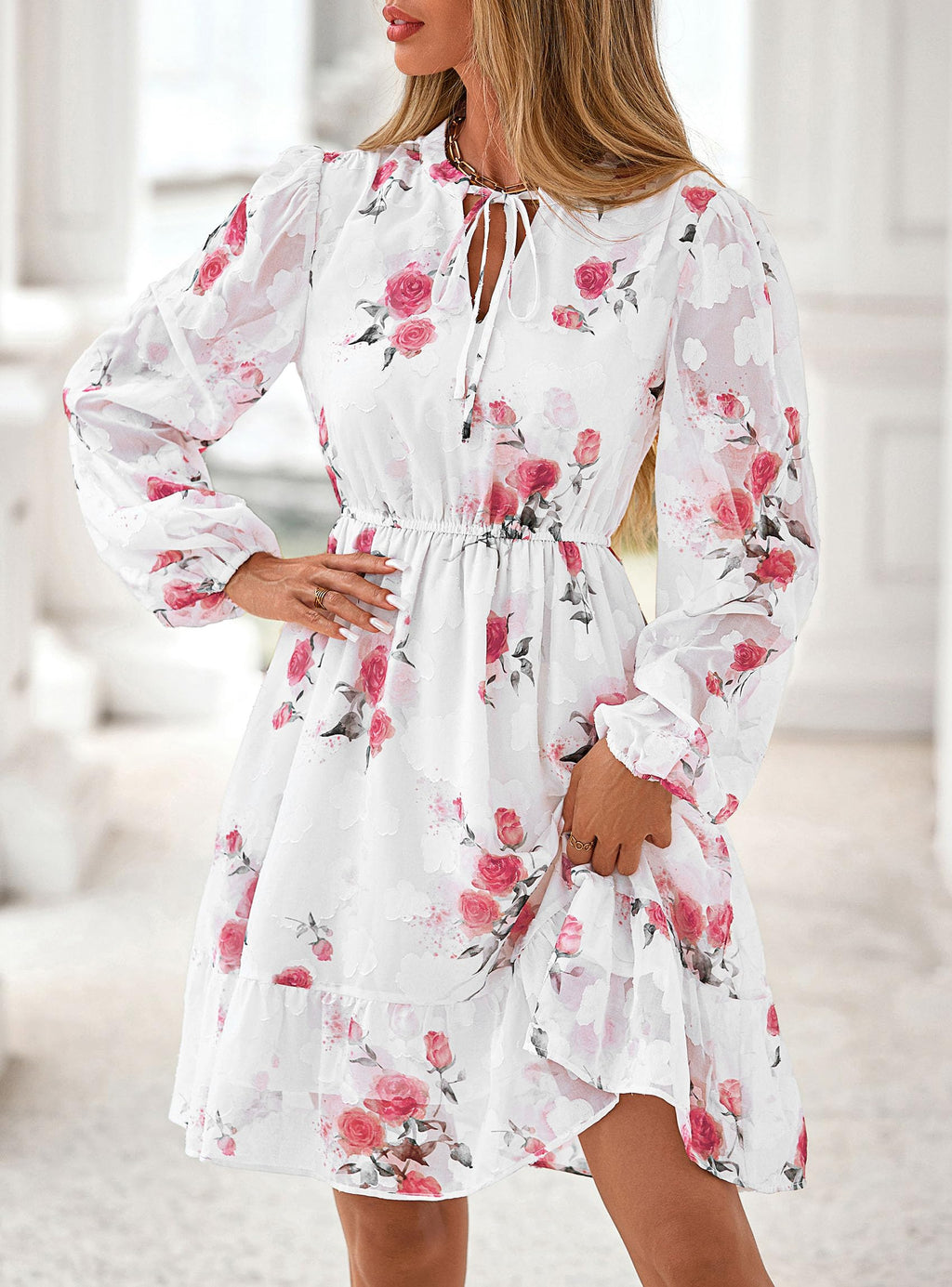 PRETTYGARDEN Women's Fall Boho Dresses  Floral Long Sleeve V Neck Mini Flowy Wedding Guest Dress Trendy Vacation Outfits