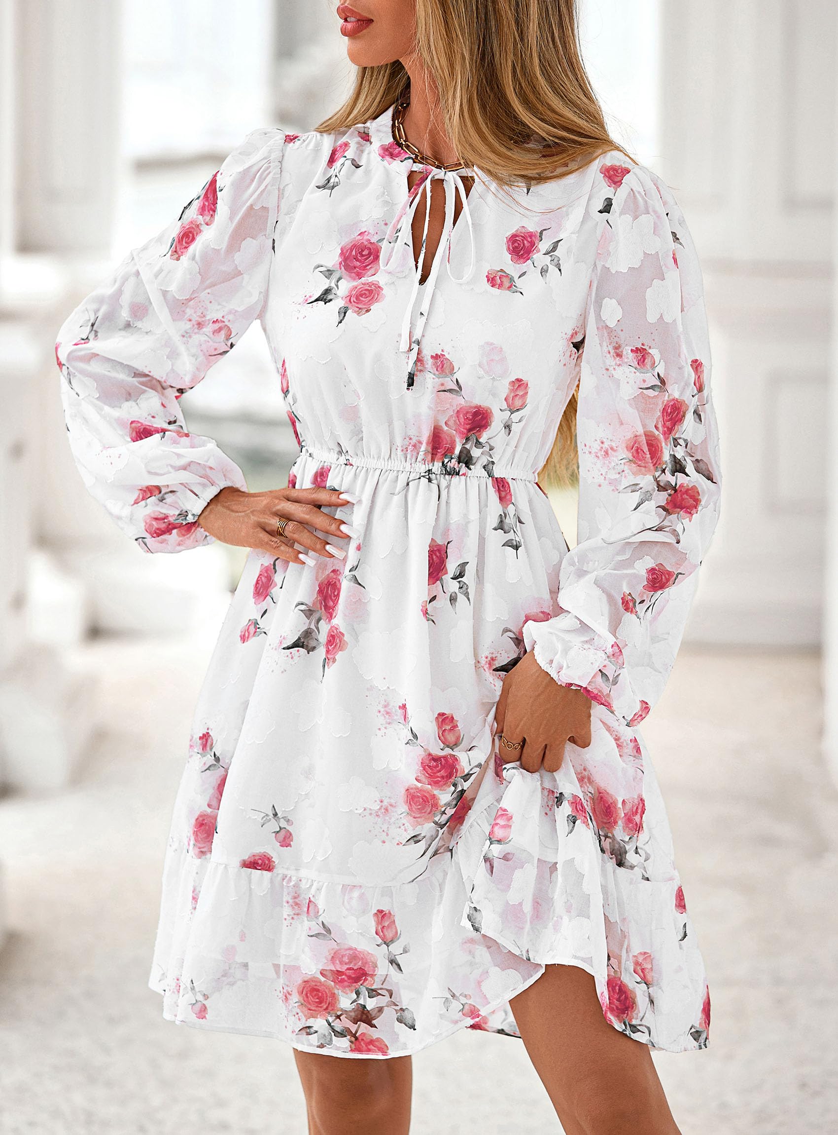 PRETTYGARDEN Women's Fall Boho Dresses  Floral Long Sleeve V Neck Mini Flowy Wedding Guest Dress Trendy Vacation Outfits