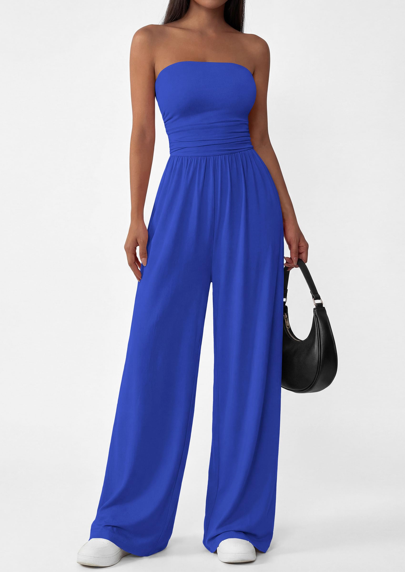PRETTYGARDEN Womens Trendy Strapless Rompers Ruched Tube Top Wide Leg One Piece Jumpsuits Beach Vacation Summer Outfits