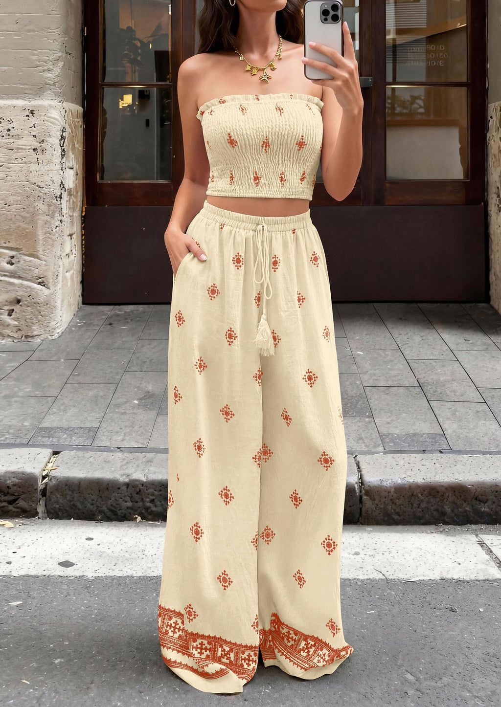 PRETTYGARDEN 2 Piece Sets for Women Summer  Travel Outfits Print Tube Tops Wide Leg Pants Beach Vacation Clothes