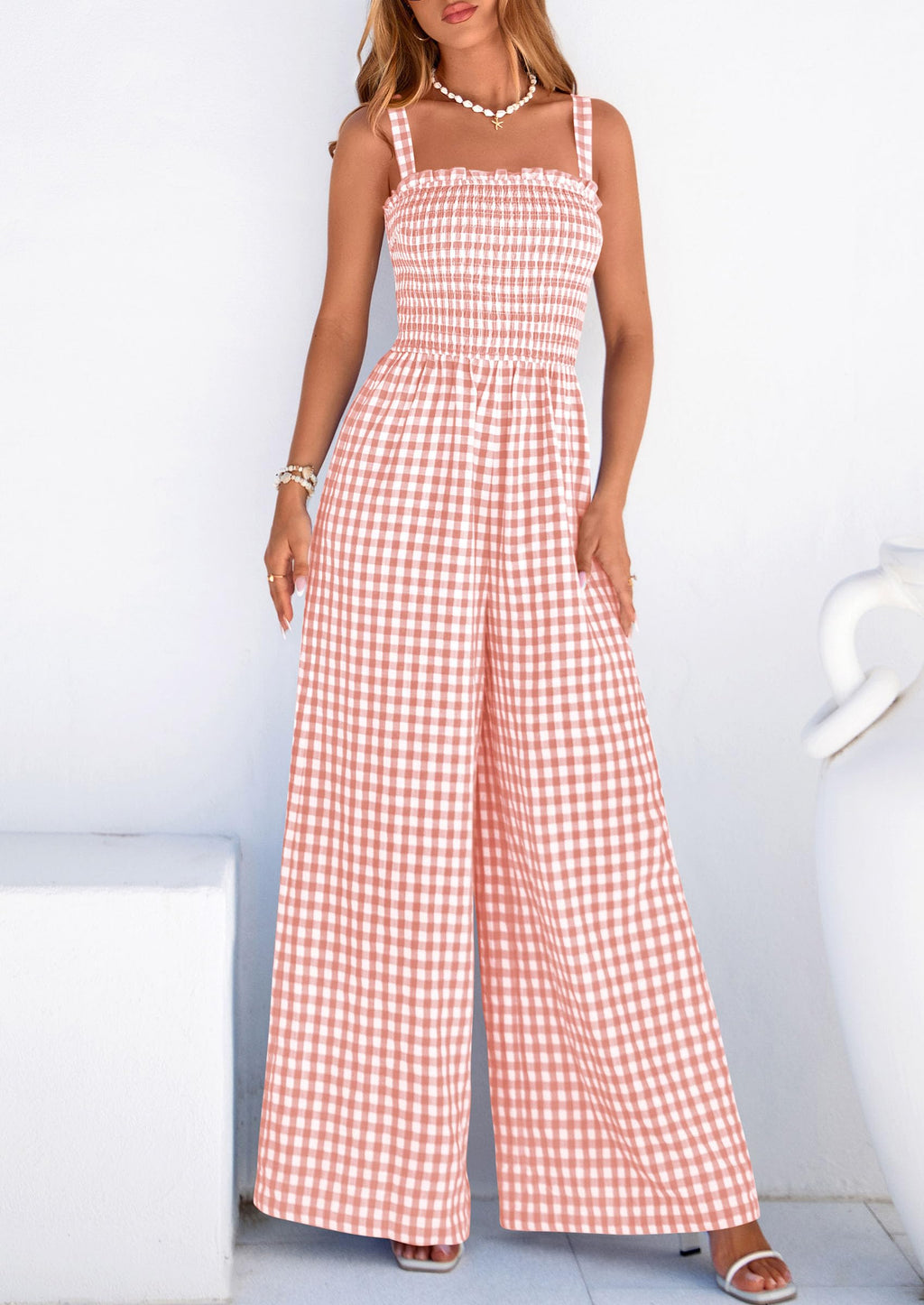 PRETTYGARDEN One Piece Jumpsuits for Women Casual Summer Cruise Outfits  Spring Fashion Smocked Wide Leg Gingham Rompers