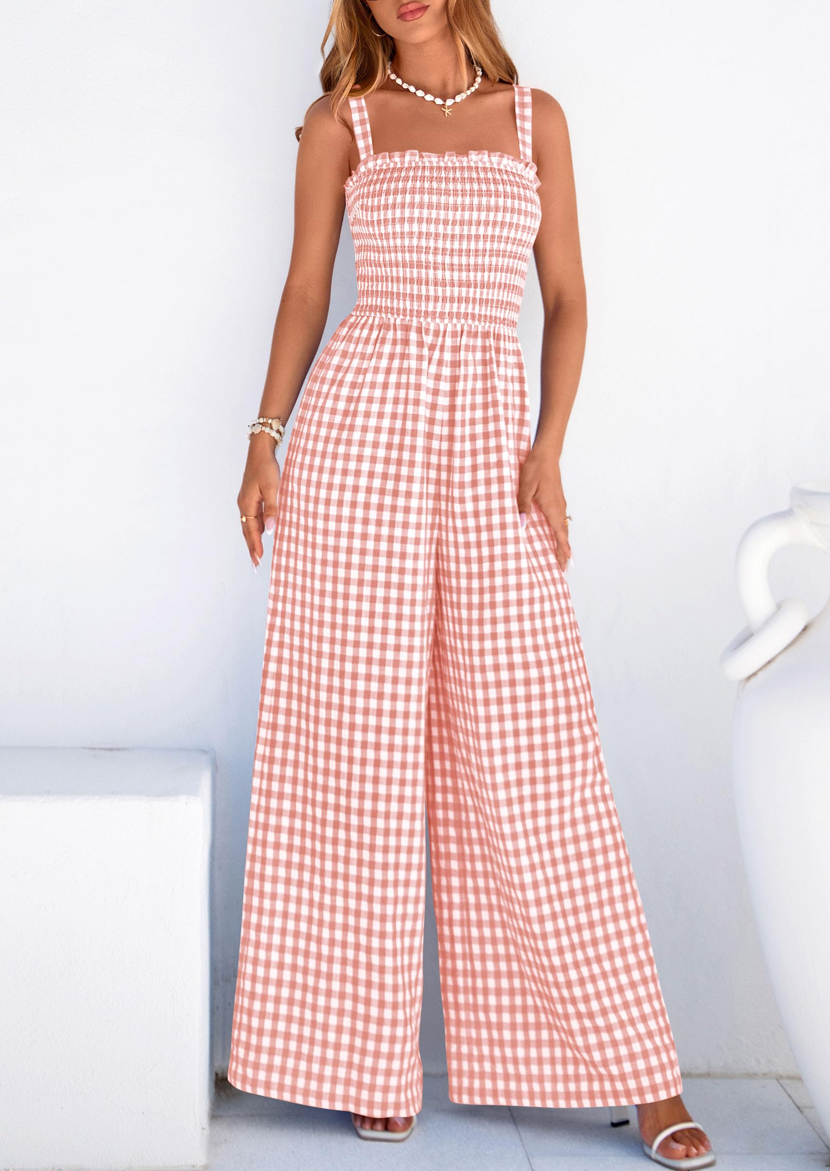 PRETTYGARDEN One Piece Jumpsuits for Women Casual Summer Cruise Outfits  Spring Fashion Smocked Wide Leg Gingham Rompers