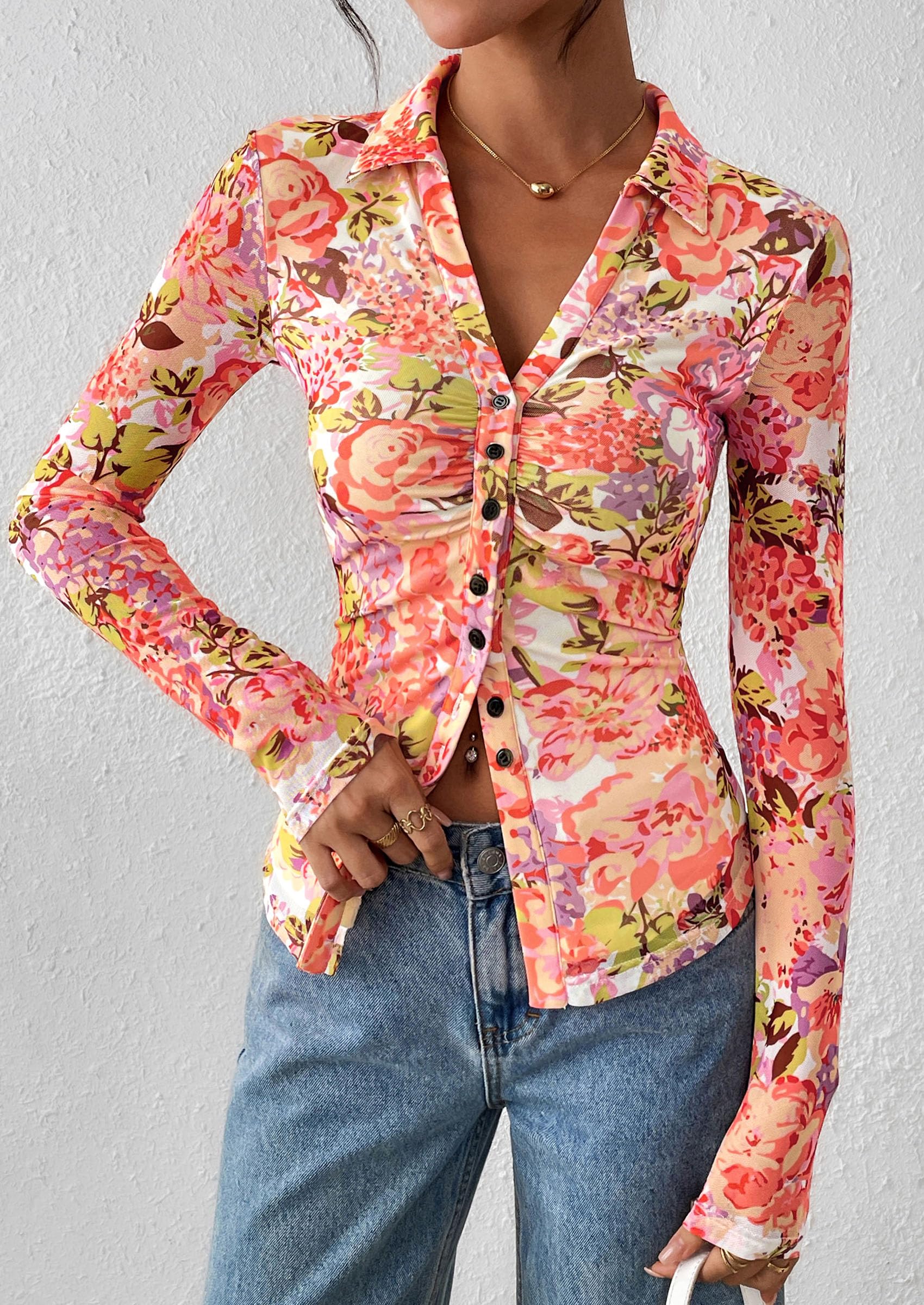 PRETTYGARDEN Women Button Down Floral Shirts Fall Trendy Long Sleeve V Neck Mesh Boho Blouse Spring Tops Date Outfits