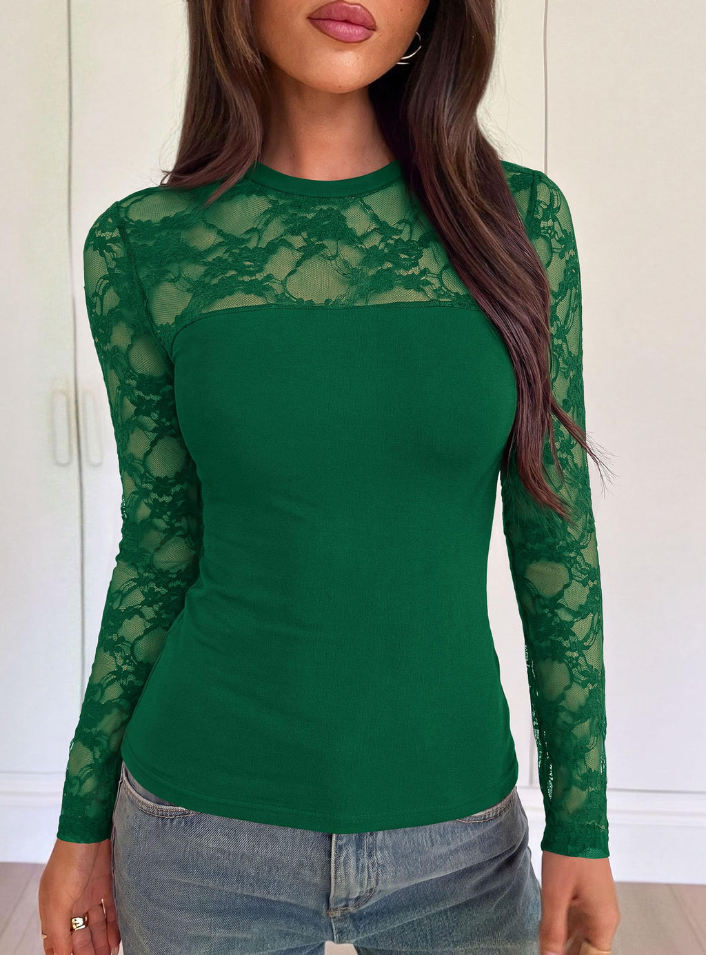 PRETTYGARDEN Womens Mesh Sheer Shirts Lace Long Sleeve Tops