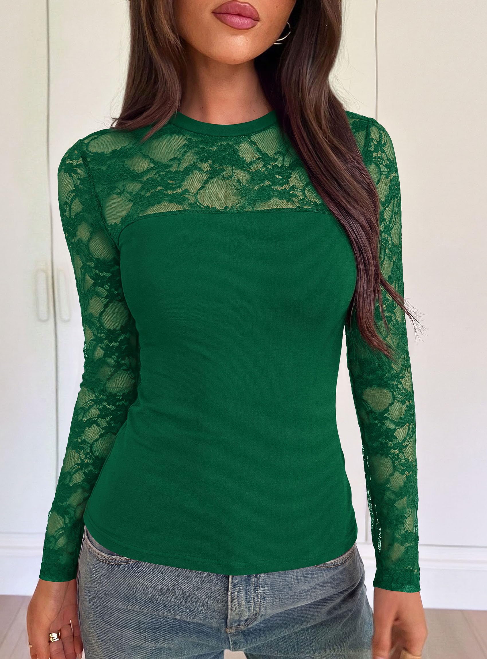 PRETTYGARDEN Womens Mesh Sheer Shirts Lace Long Sleeve Tops