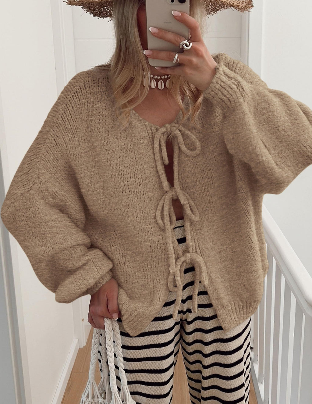 PRETTYGARDEN Women's Tie Front Bow Cardigan Sweaters Chunky Knit Long Puff Sleeve Trendy Fall Winter Jacket Coat