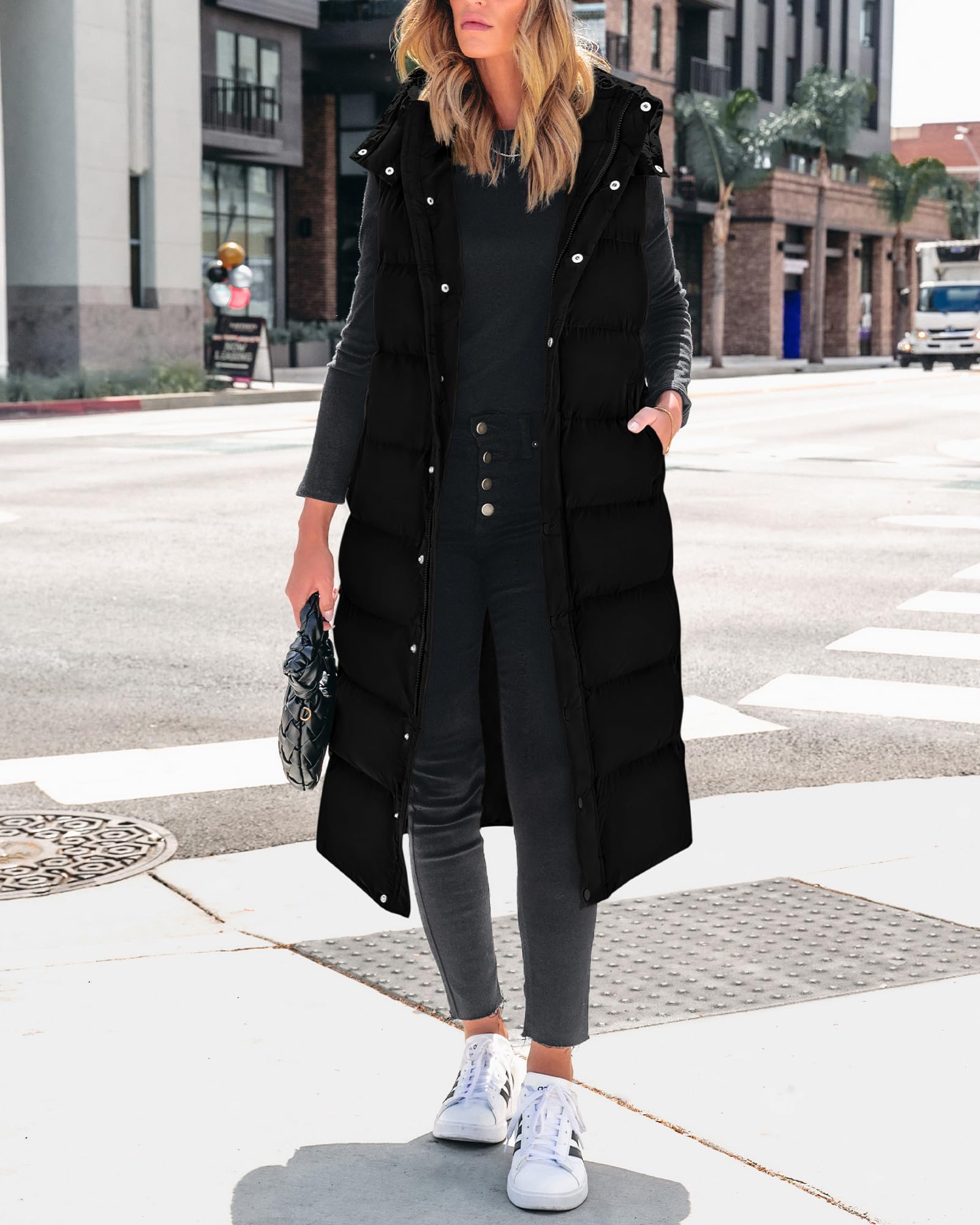 FreshPretty Long Puffer Vest Women Quilted Hooded Button Down Zip Up Sleeveless Vests Outerwear Padded Jacket Fall Winter Coat