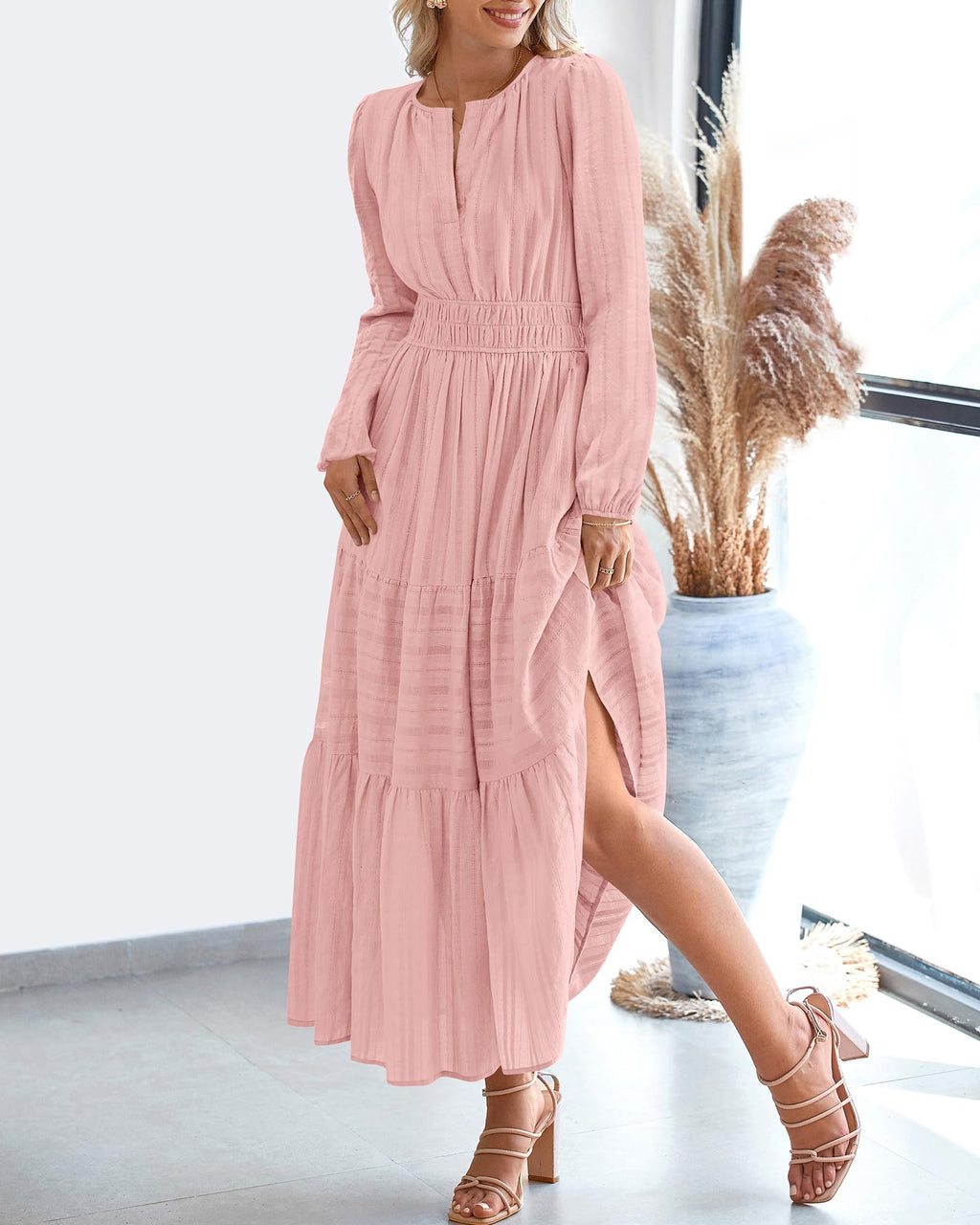 FreshPretty Fall Dresses for Women Casual Long Sleeve V Neck Elastic Waist Lightweight Maxi Wedding Guest Dress Pockets