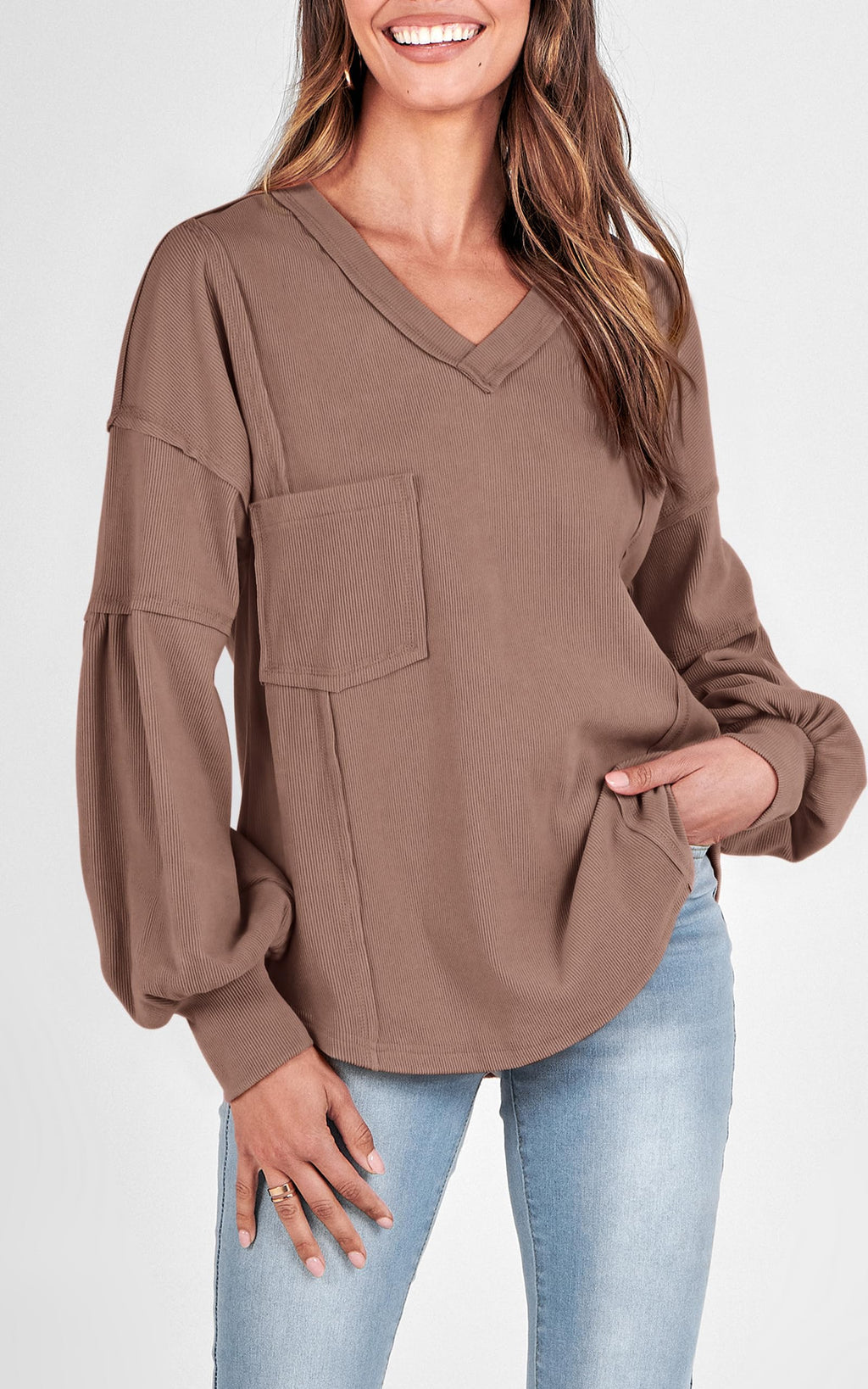 FreshPretty Womens Fall Fashion Long Sleeve Shirts Casual V Neck Ribbed Knit Blouses Pullover Trendy Loose Fit Tunic Tops