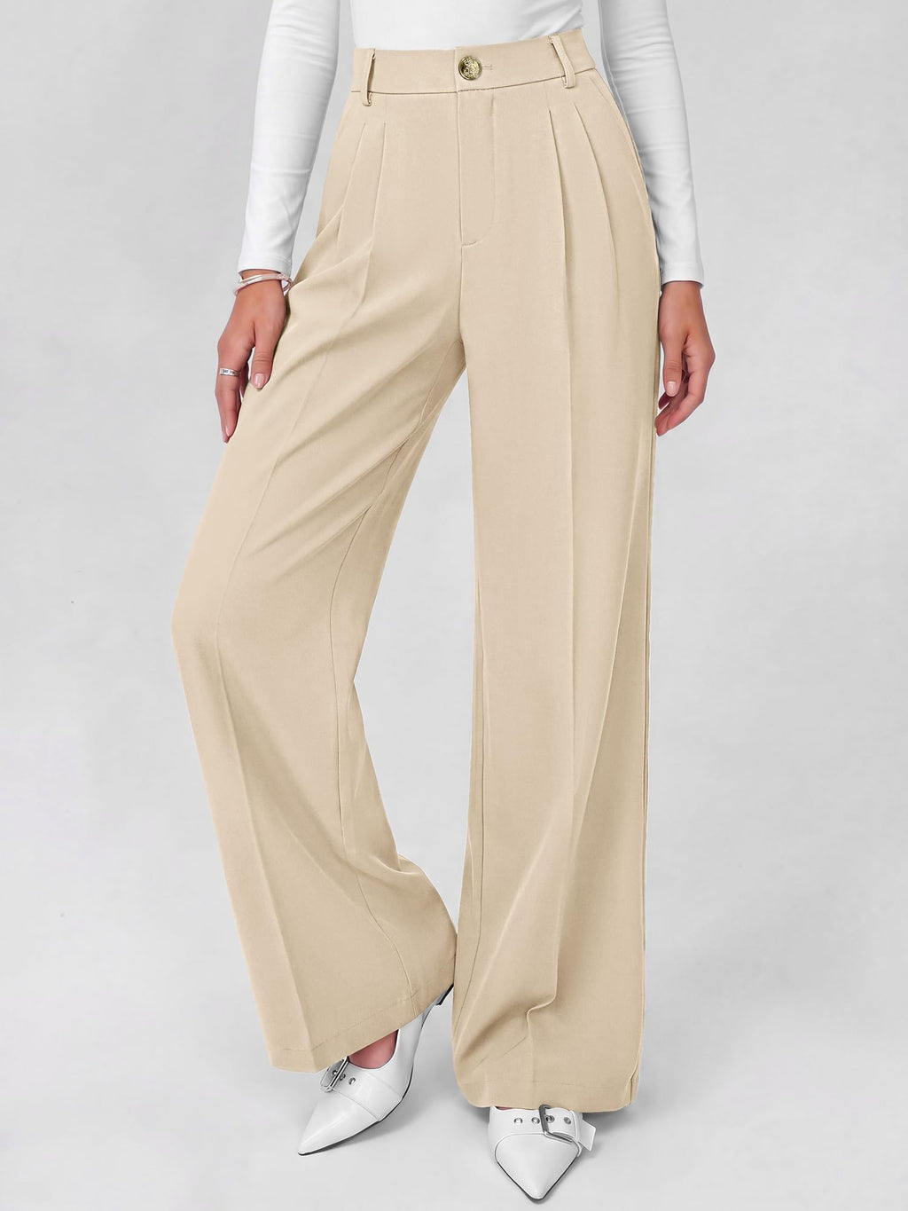 FreshPretty Fall Wide Leg Pants Woman Flowy High Waisted Slacks with Pockets, Comfy Palazzo, Business Casual Outfits, Work Clothes, Teacher Trousers Dressy, Zip Up, Button Closure, Elastic Back