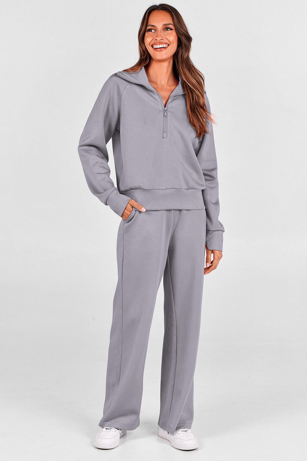 PRETTYGARDEN Women's 2 Piece Outfits Casual Lapel Half Zip Sweatshirts and Wide Leg Pants Tracksuit Sets