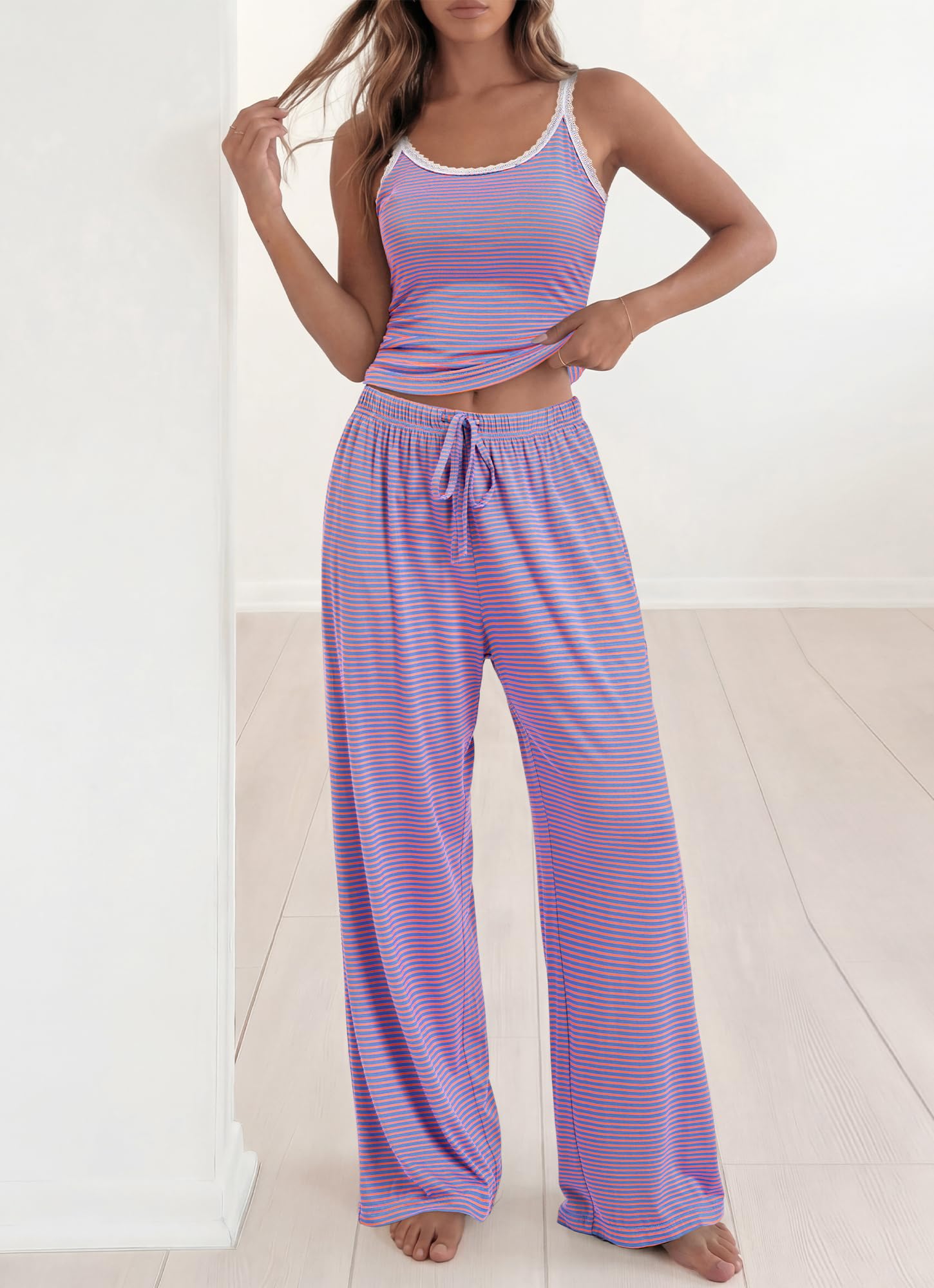 BTFBM Lounge Sets For Women Striped 2 Piece Pajama Sets Spaghetti Strap Tops Wide Leg Pants Beach Vacation Outfits