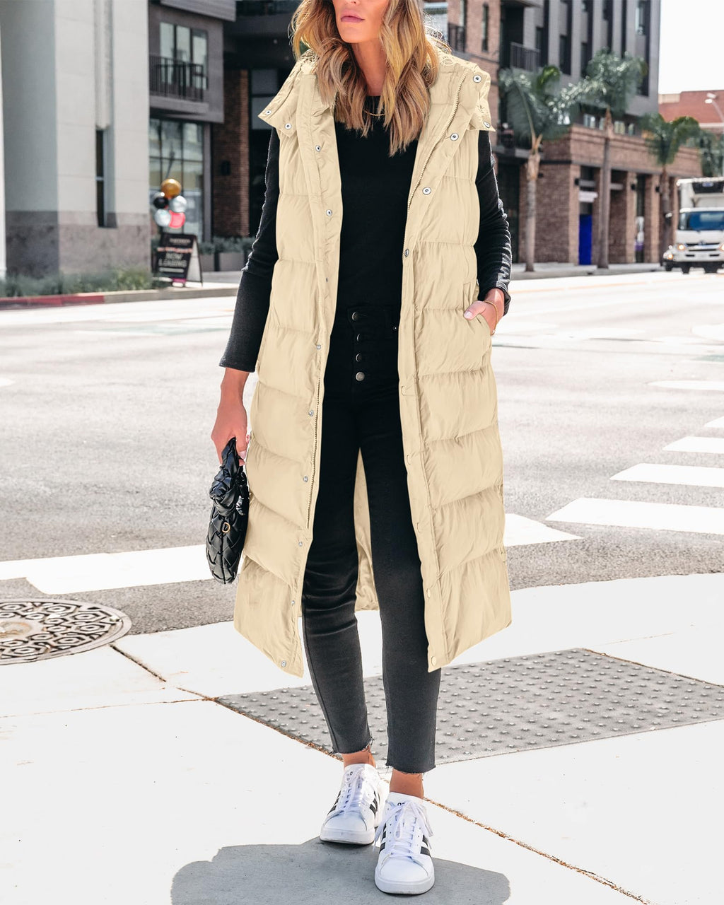 FreshPretty Long Puffer Vest Women Quilted Hooded Button Down Zip Up Sleeveless Vests Outerwear Padded Jacket Fall Winter Coat