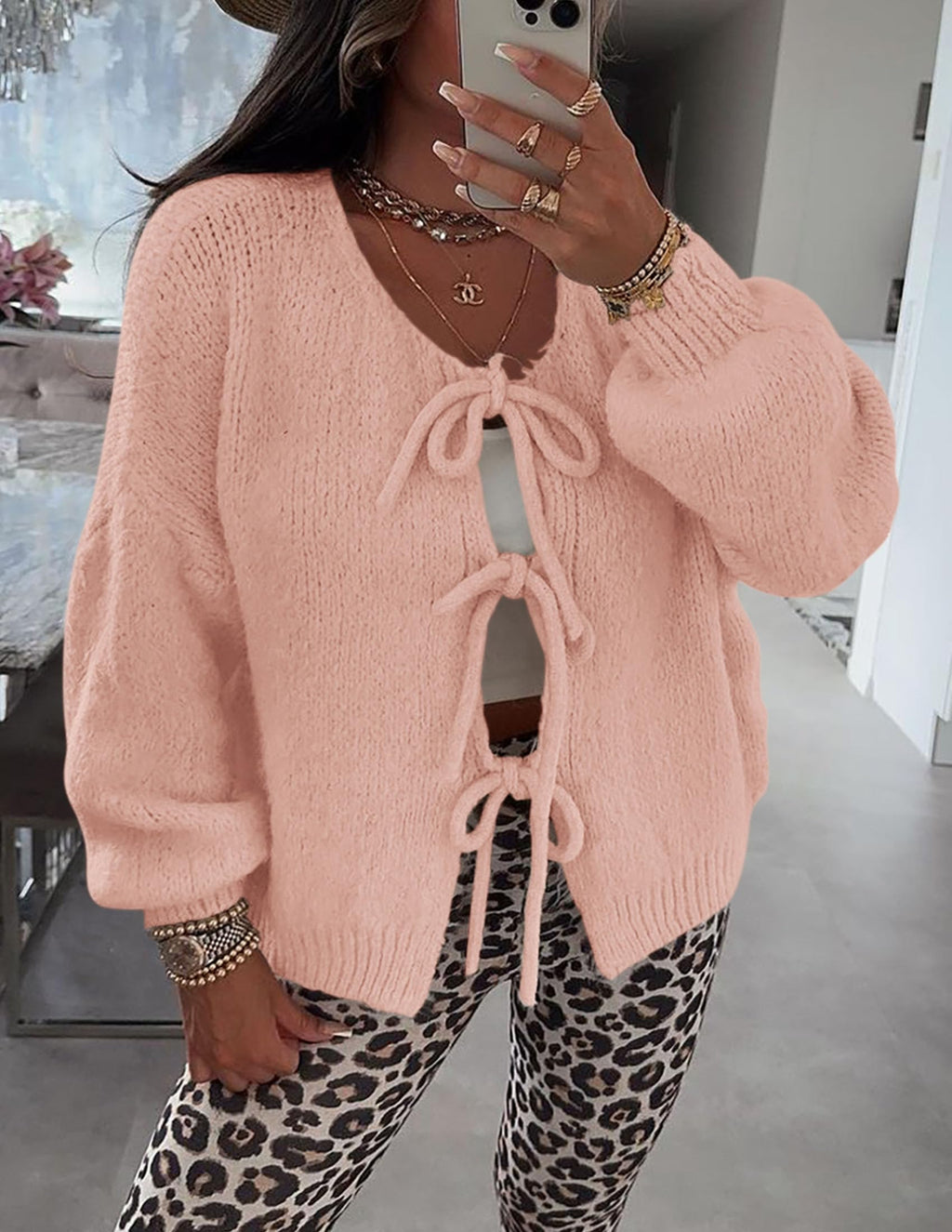 PRETTYGARDEN Women's Tie Front Bow Cardigan Sweaters Chunky Knit Long Puff Sleeve Trendy Fall Winter Jacket Coat