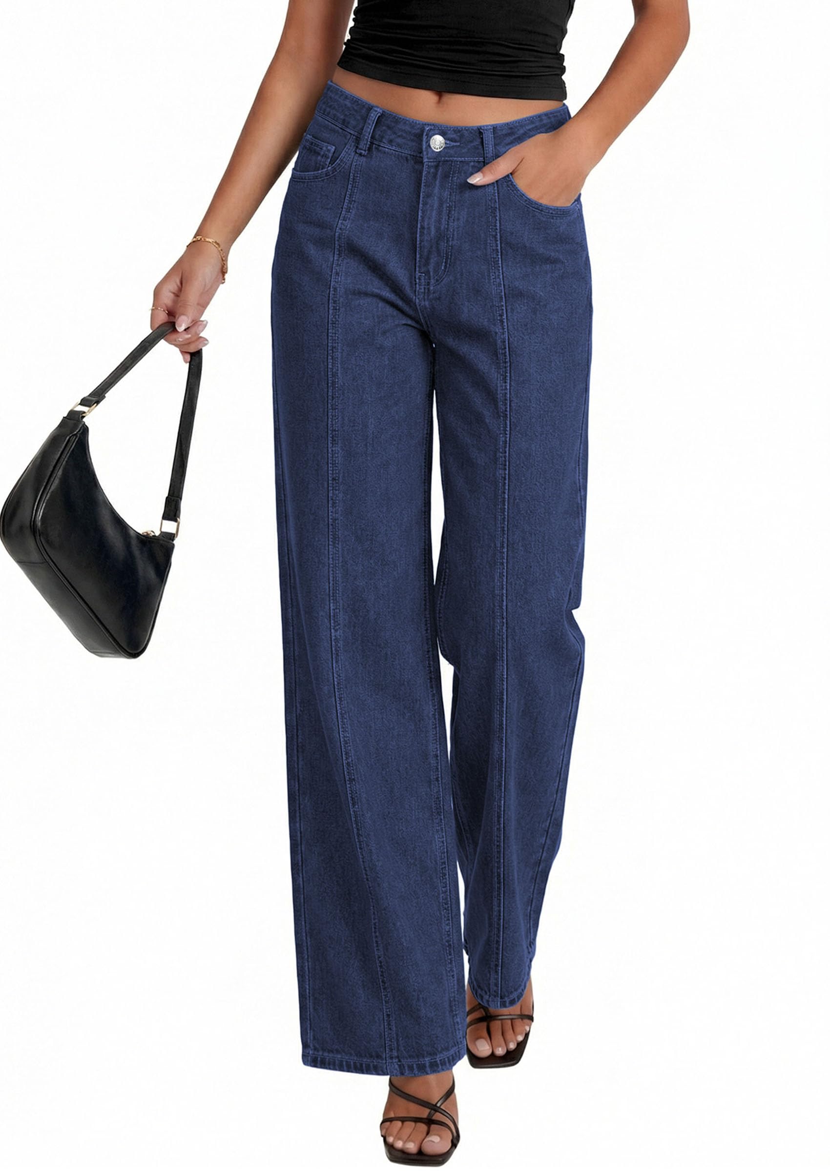 PRETTYGARDEN Women's Wide Leg Jeans High Waisted Stretchy Baggy Seamed Front Denim Palazzo Pants Summer Fashion Clothes
