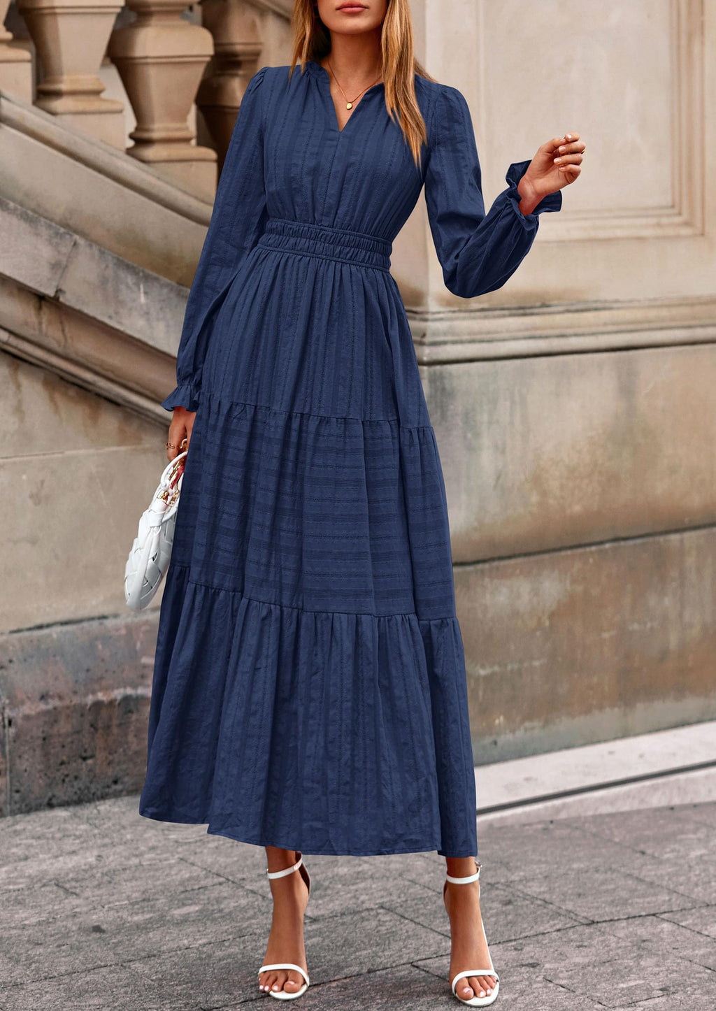 PRETTYGARDEN Women's Fall Wedding Guest Dresses Long Sleeve V Neck Flowy Elegant Holiday Party Maxi Dress with Pockets