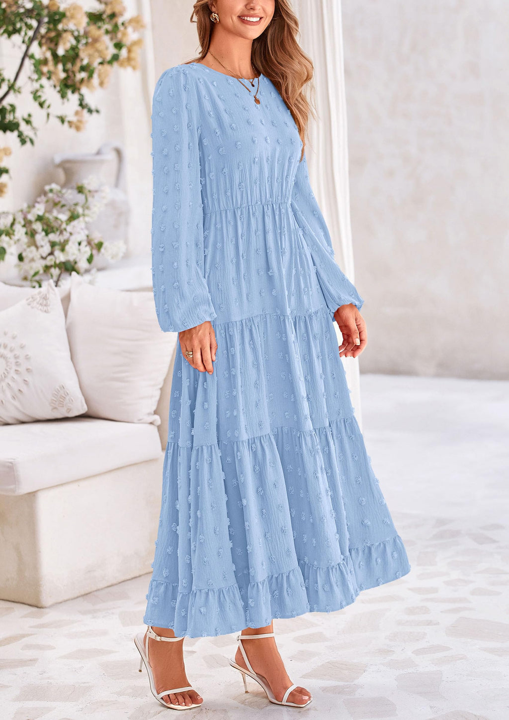 PRETTYGARDEN Women's Fall Spring Elegant Long Sleeve Maxi Dress Swiss Dot A Line Flowy Casual Holiday Party Going Out Dresses