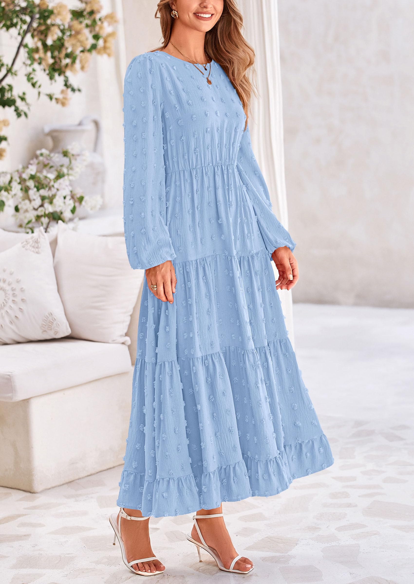 PRETTYGARDEN Women's Fall Spring Elegant Long Sleeve Maxi Dress Swiss Dot A Line Flowy Casual Holiday Party Going Out Dresses