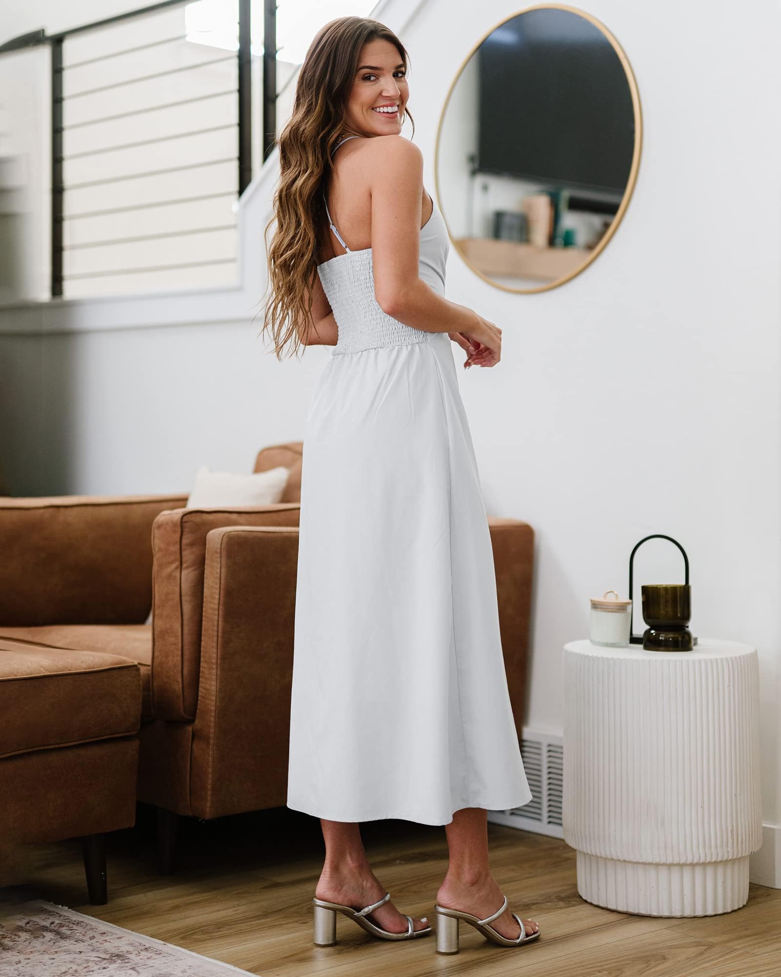 FreshPretty Women Summer Spaghetti Strap Midi Dress Sleeveless V Neck Cutout Slit Casual Beach Party Maxi Dresses Pockets