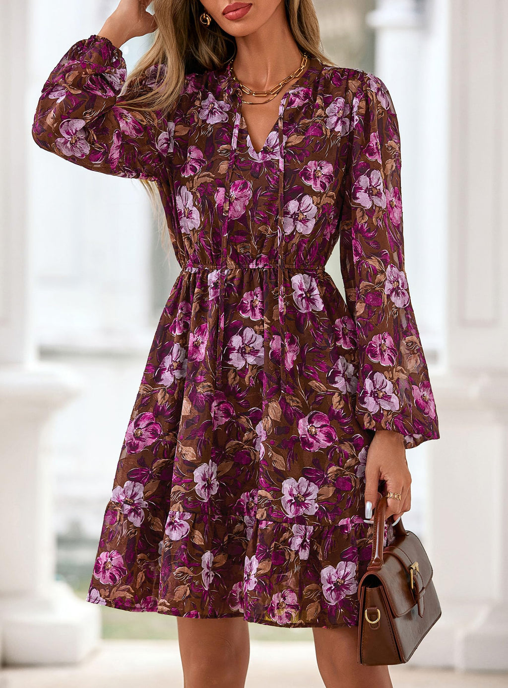 PRETTYGARDEN Women's Fall Boho Dresses  Floral Long Sleeve V Neck Mini Flowy Wedding Guest Dress Trendy Vacation Outfits