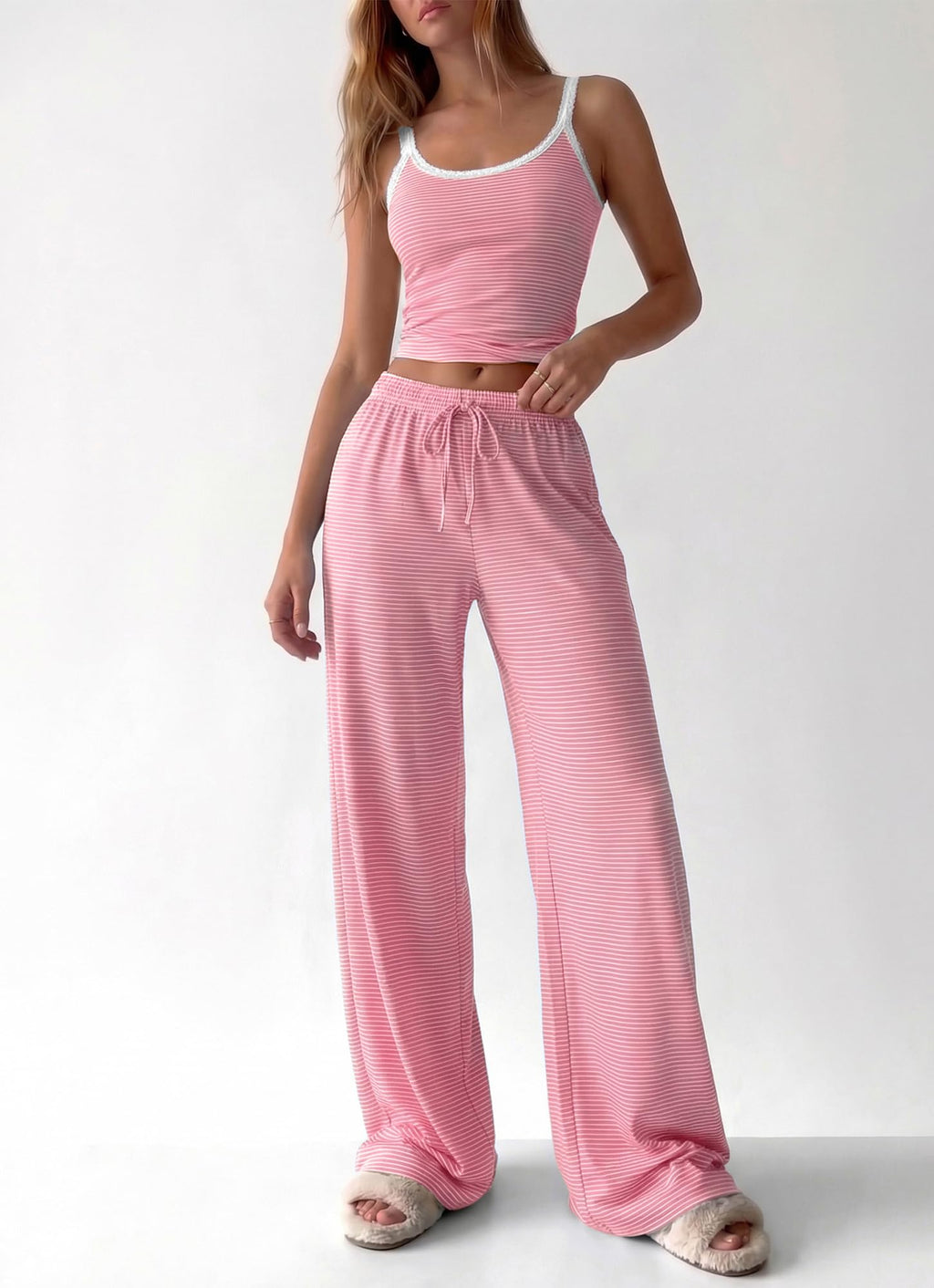BTFBM Lounge Sets For Women Striped 2 Piece Pajama Sets Spaghetti Strap Tops Wide Leg Pants Beach Vacation Outfits