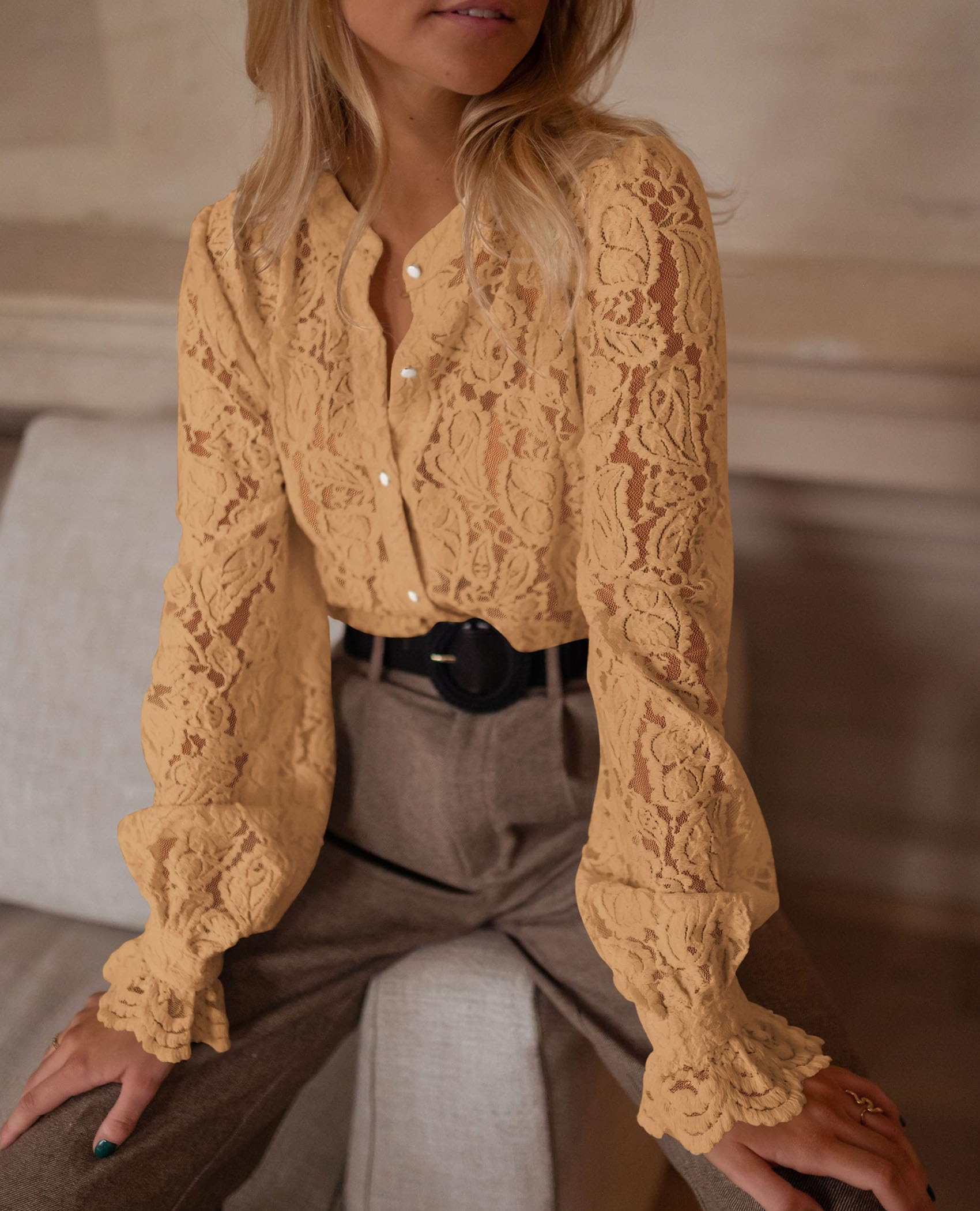 PRETTYGARDEN Women's Dressy Casual Lace Blouse Long Sleeve Button Up Shirts Tops Spring Fall Fashion Clothes