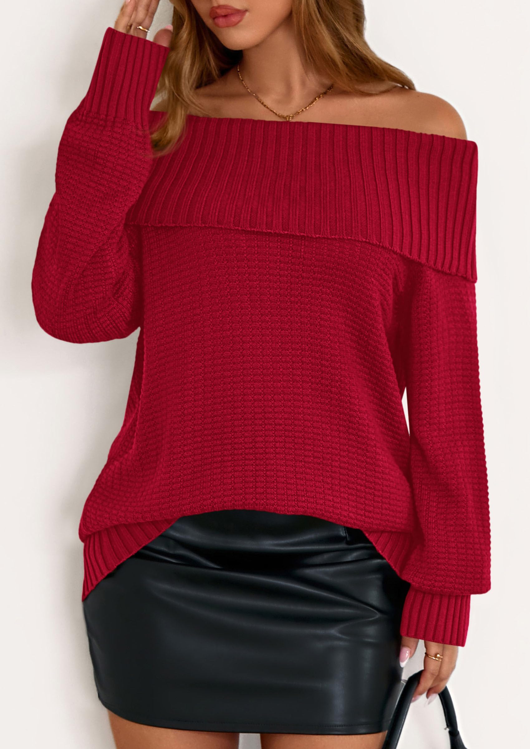 PRETTYGARDEN Womens Off The Shoulder Sweater Long Sleeve Tops Loose Knit Pullover Sweaters Fashion Fall Clothes