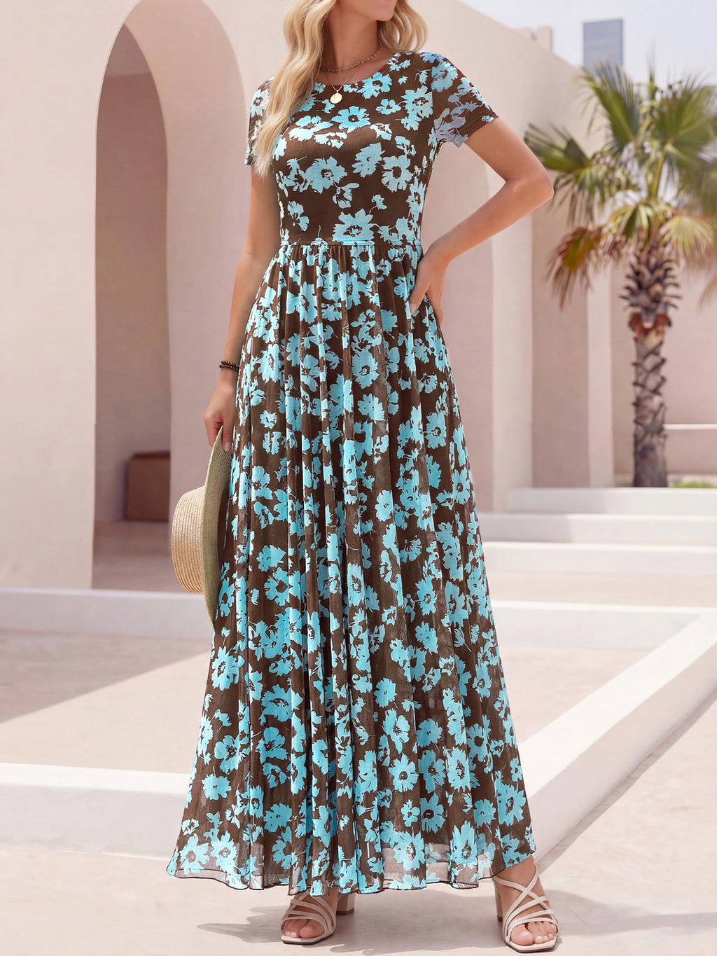 BTFBM Summer Dresses for Women Formal Short Sleeve Homecoming Dress Crew Neck,Mesh,Floral,Loose Fit,A-Line,Party,Cocktail,Graduation,Prom,Bridal Shower,Wedding Guest Maxi Dress,Vacation Outfits