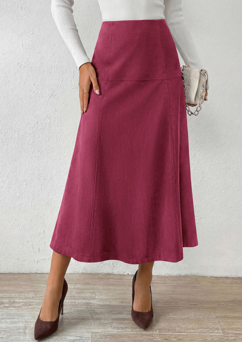 PRETTYGARDEN Womens High Waist Faux Suede A Line Midi Skirt | Hidden Stretch Elastic Waist, Front Back Panel Stitching, Vintage Elegant Mid-Calf Long Skirts for Fall Winter Office Daily