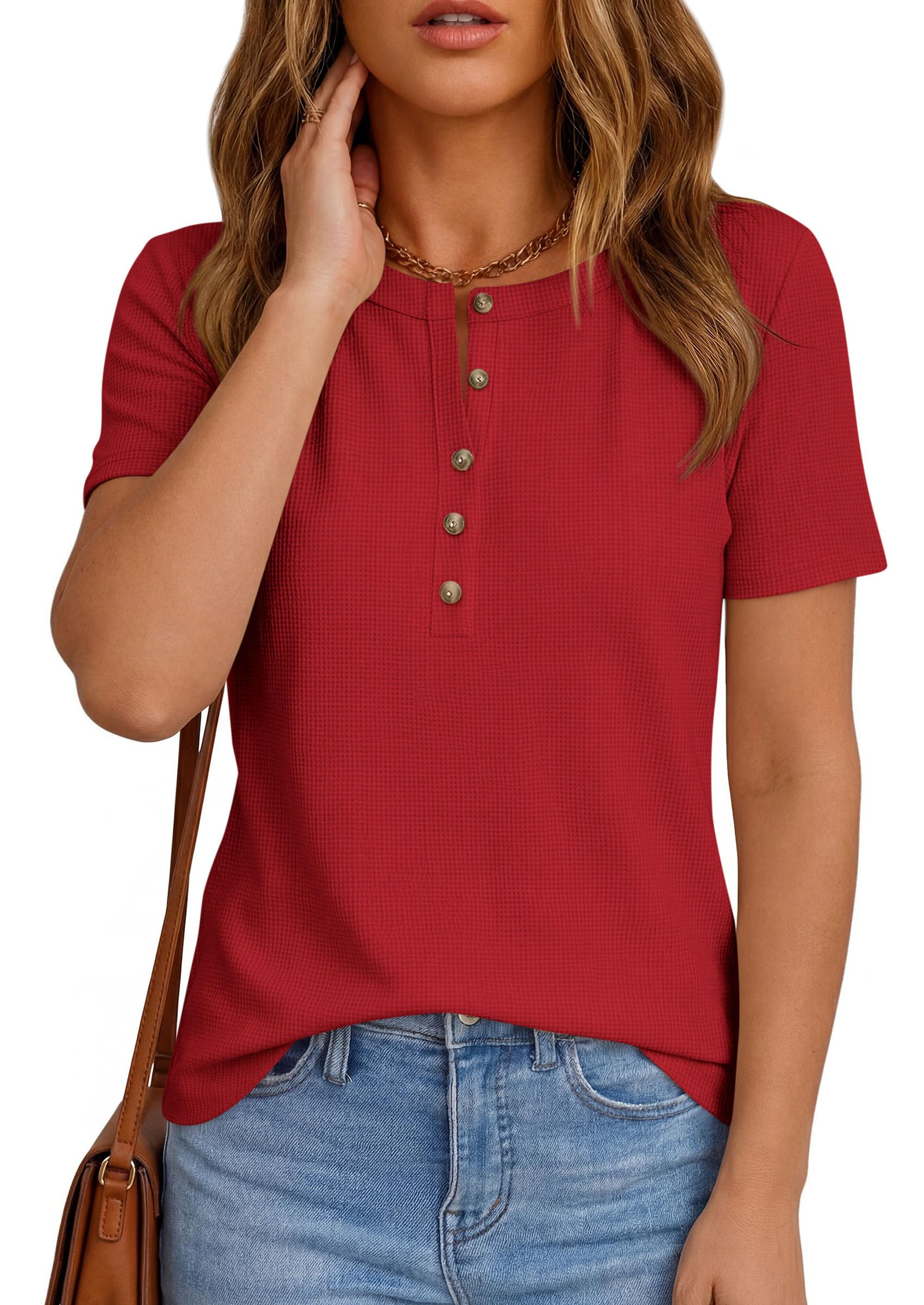 PRETTYGARDEN Waffle Knit Tops for Women Short Sleeve Henley Shirts  Summer Blouses Dressy Casual Spring Fashion Clothes