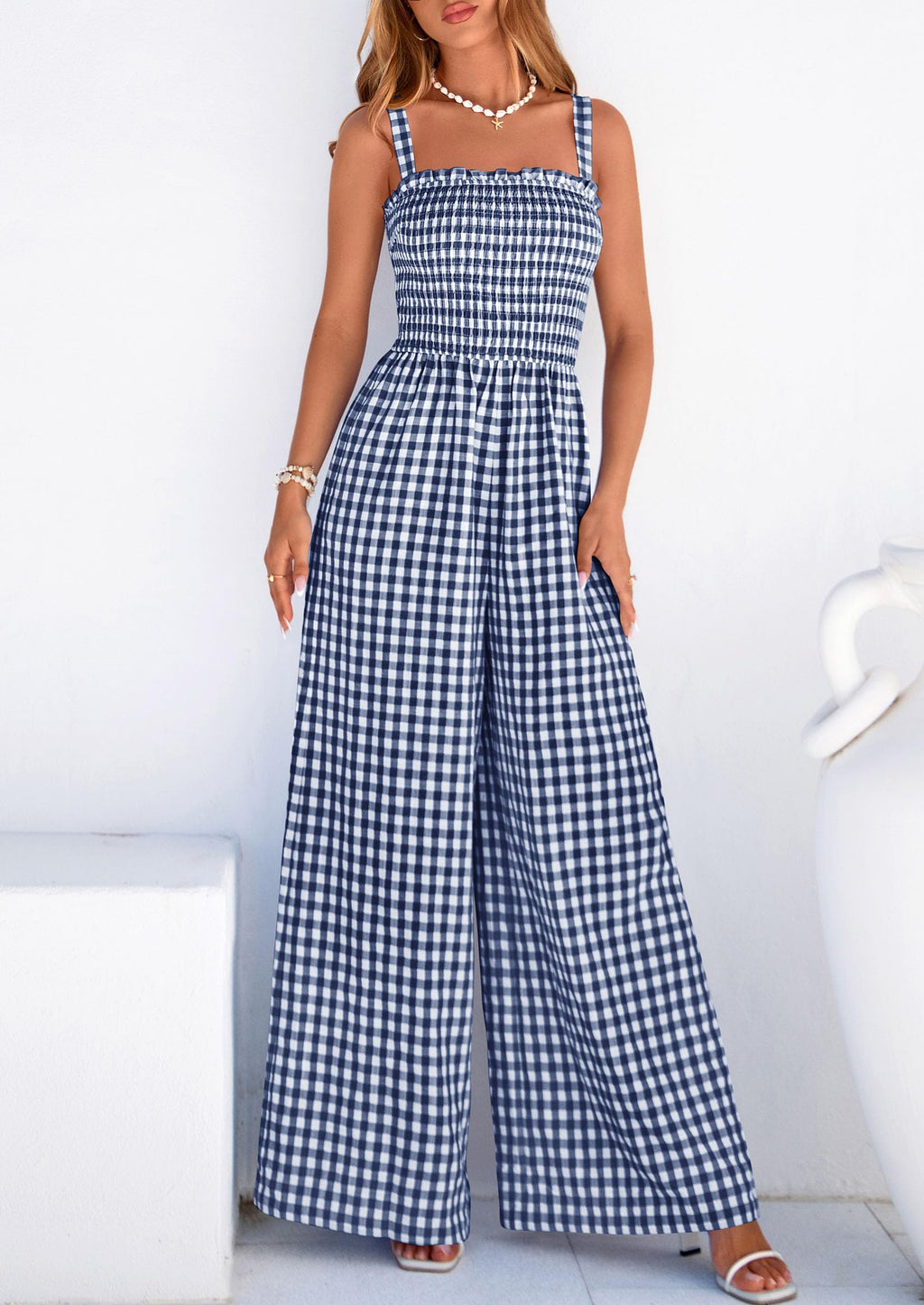 PRETTYGARDEN One Piece Jumpsuits for Women Casual Summer Cruise Outfits  Spring Fashion Smocked Wide Leg Gingham Rompers
