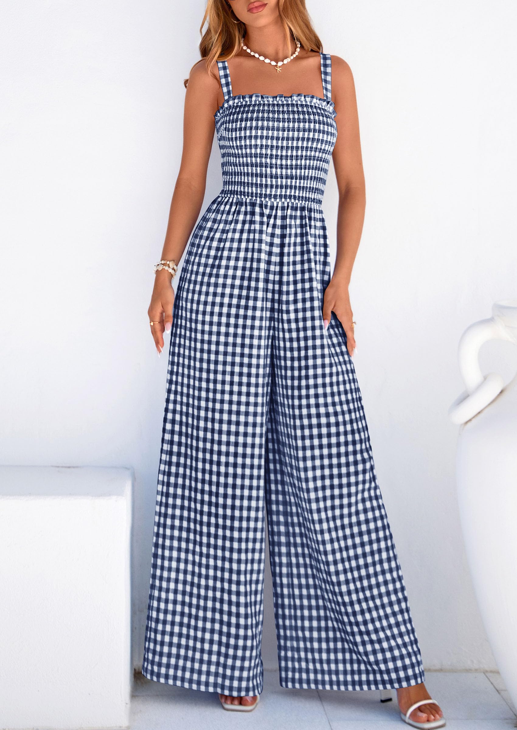 PRETTYGARDEN One Piece Jumpsuits for Women Casual Summer Cruise Outfits  Spring Fashion Smocked Wide Leg Gingham Rompers