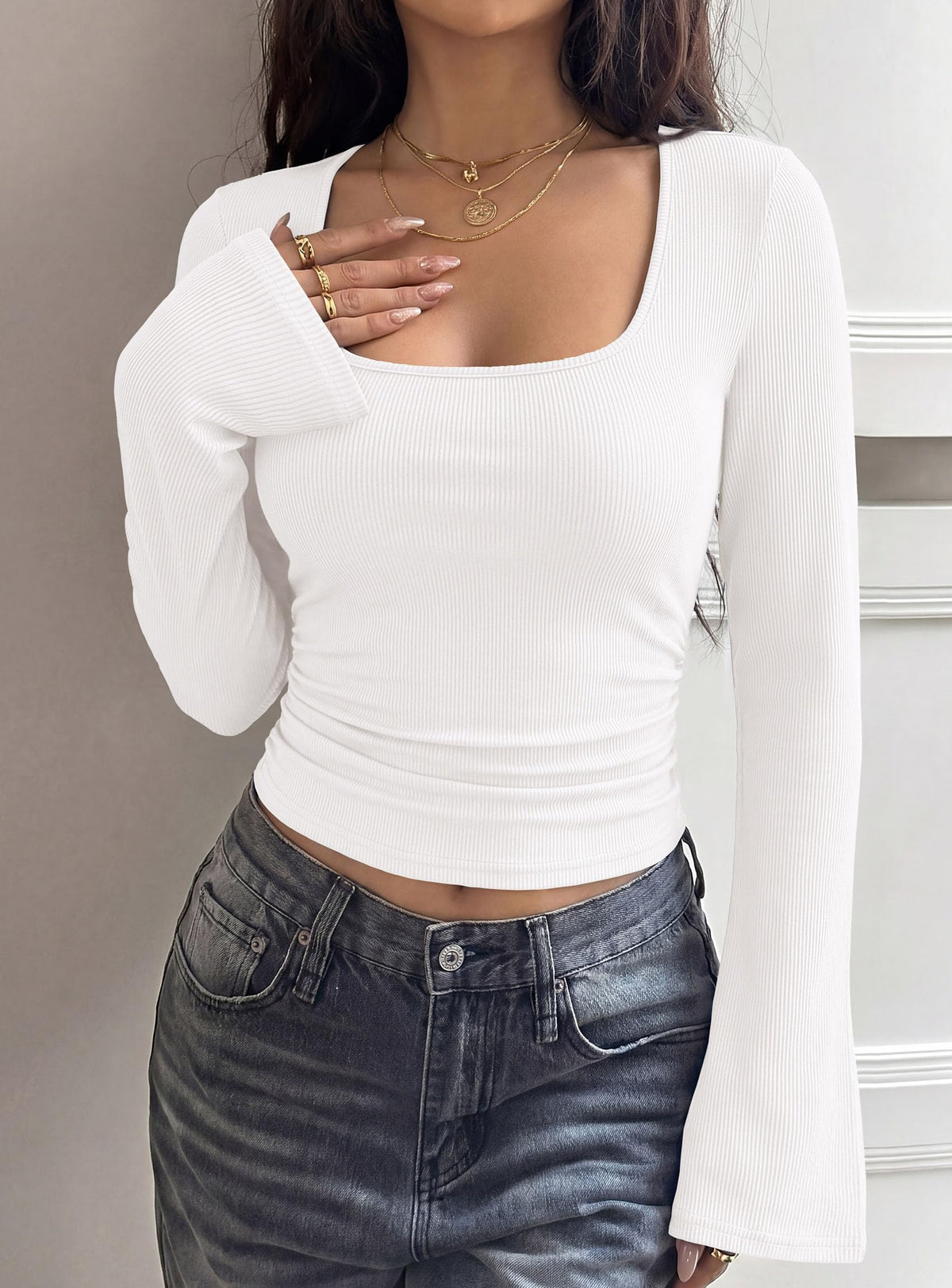 PRETTYGARDEN Womens Bell Long Sleeve Shirts Going Out Tops | Soft Stretchy Ribbed Knit, Square Neck, Slim Fit Y2K Clothes, Trendy Side Ruched, Layering Tee for Casual Fall & Winter Wear