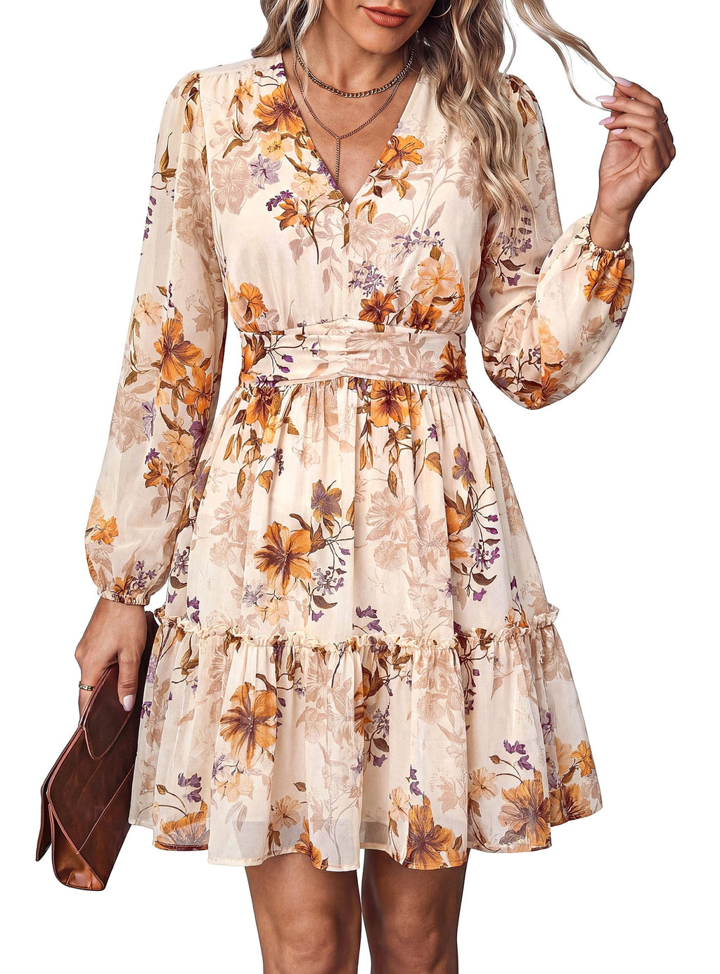 PRETTYGARDEN Women Floral Long Sleeve Mini Dress | Fall Wedding Guest Dresses, V Neck, Fit & Flare, Ruffle Hem A-Line, Short Chiffon Dress, Elegant Holiday Party, Date Outfits