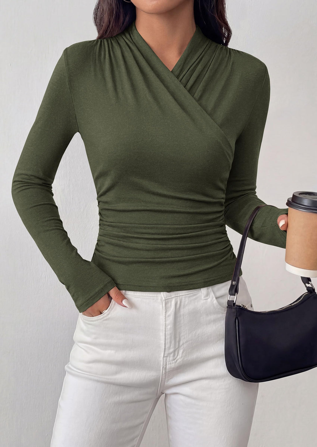 PRETTYGARDEN Womens Long Sleeve Shirts Going Out Wrap Top | Soft Heathered Stretchy Viscose Fitted Blouse, V Neck Ruched Waist Dressy Tops, Office Business Casual Fall Winter Daily Wear