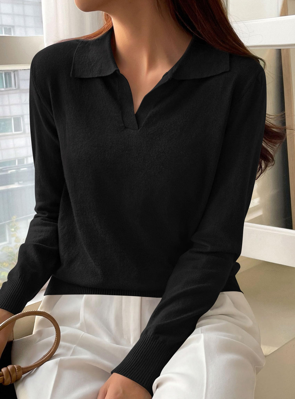 PRETTYGARDEN Womens Long Sleeve Collared Polo Sweater | Breathable Soft Ribbed Knit, Lapel V Neck Pullover Sweaters, Business Casual Work Office Tops, 2026 Trendy Fall Outfits