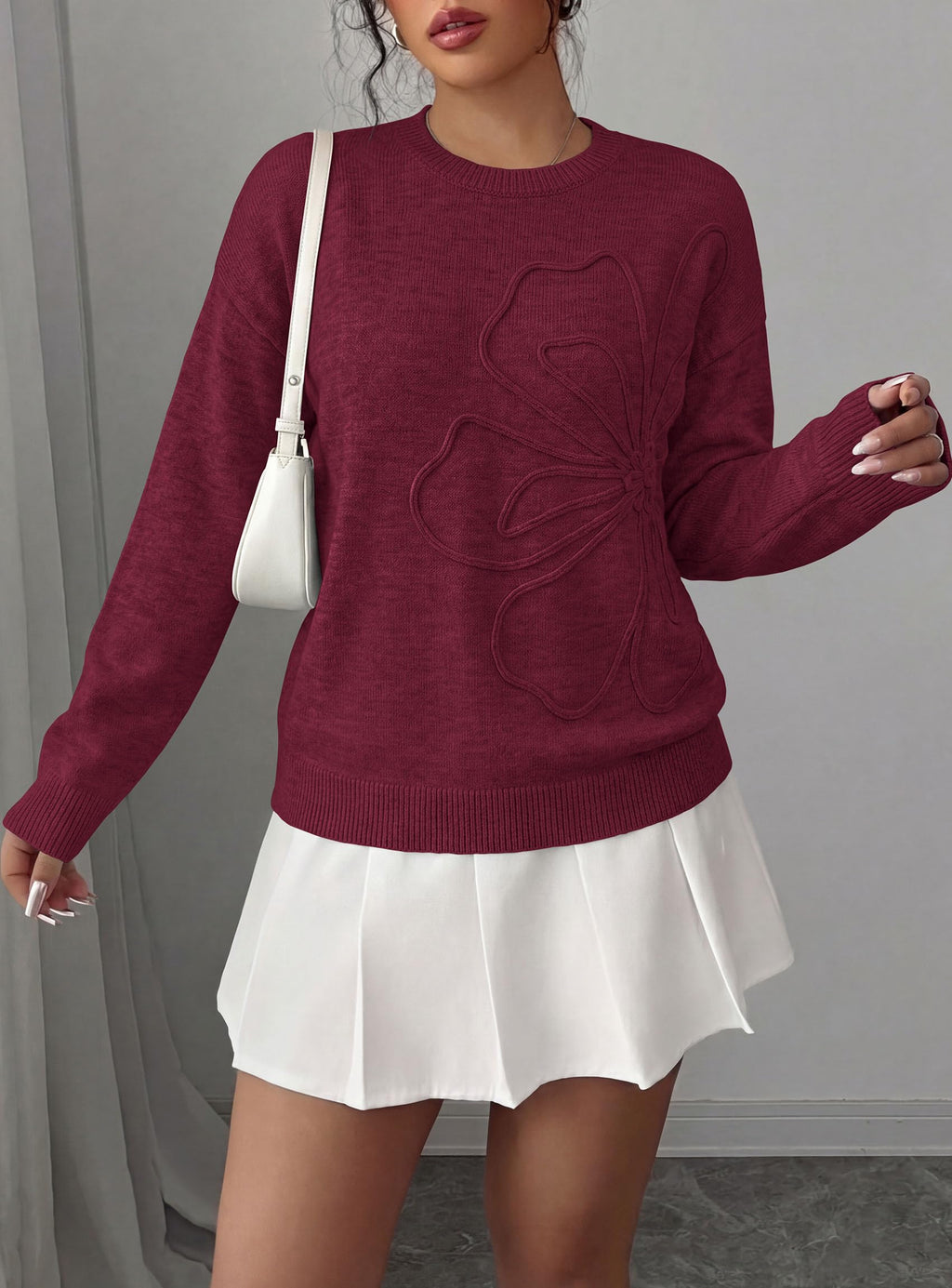 PRETTYGARDEN Women Fall Sweaters Trendy Floral Knit Pullover | Flower Embroidered Tops, Crew Neck, Soft Long Sleeve Shirts, Cozy Winter Layering Clothes for Casual Outing, Holiday Party