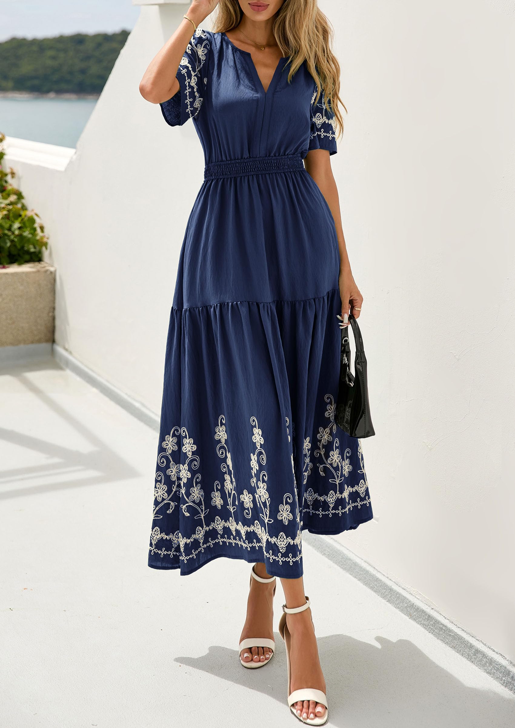 PRETTYGARDEN Women's Summer Boho Maxi Dress Spring Floral Short Sleeve V Neck A Line Flowy Beach Wedding Guest Dresses