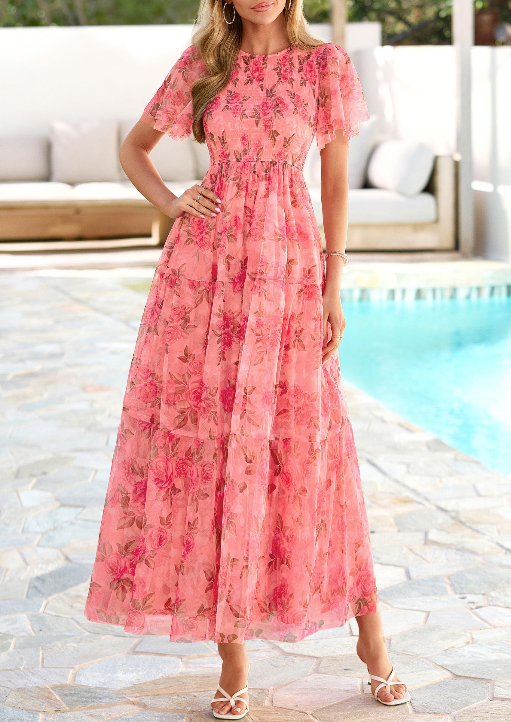 PRETTYGARDEN Tulle Floral Dress Women Summer Wedding Guest  Spring Short Sleeve Maxi Smocked Flowy Beach Party Dresses