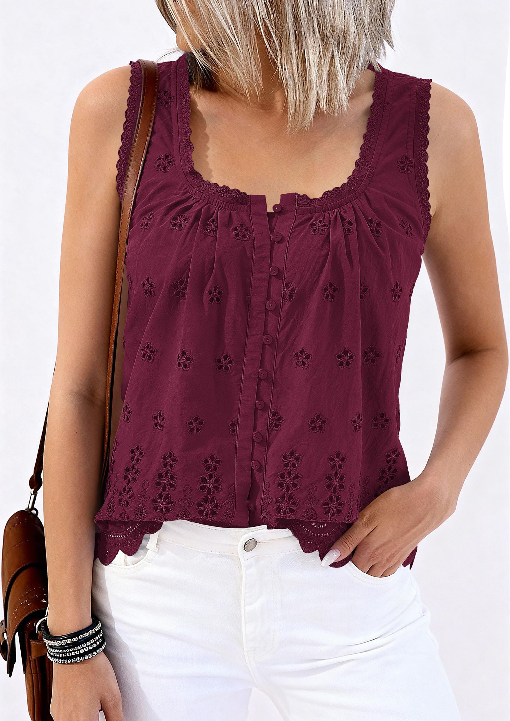 PRETTYGARDEN Womens Tank Tops 2026 Summer Button Down Shirts Embroidered Eyelet Dressy Casual Blouses Beach Vacation Clothes