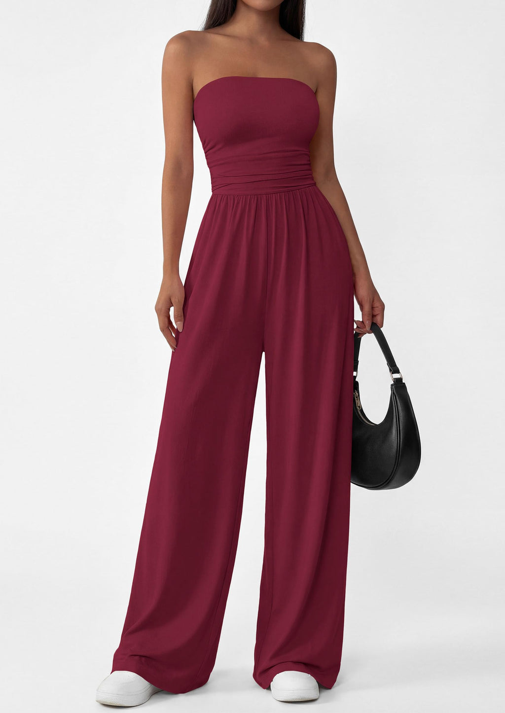 PRETTYGARDEN Womens Trendy Strapless Rompers Ruched Tube Top Wide Leg One Piece Jumpsuits Beach Vacation Summer Outfits