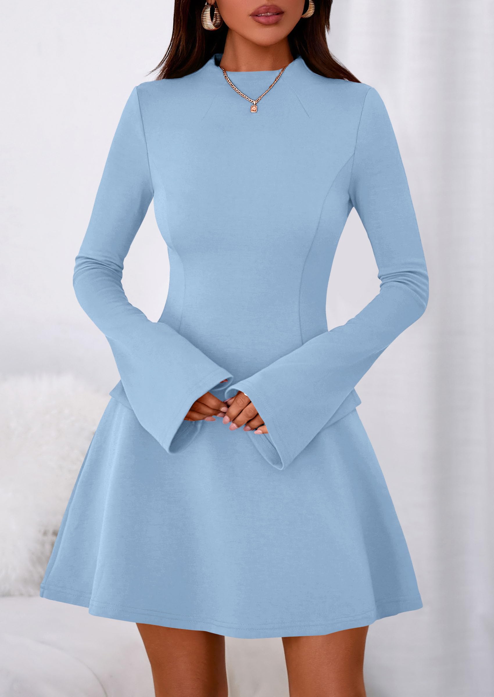 PRETTYGARDEN Women's Elegant Holiday Short Dress  Fall Bell Long Sleeve Mock Neck Work Business Casual Party Mini Dress