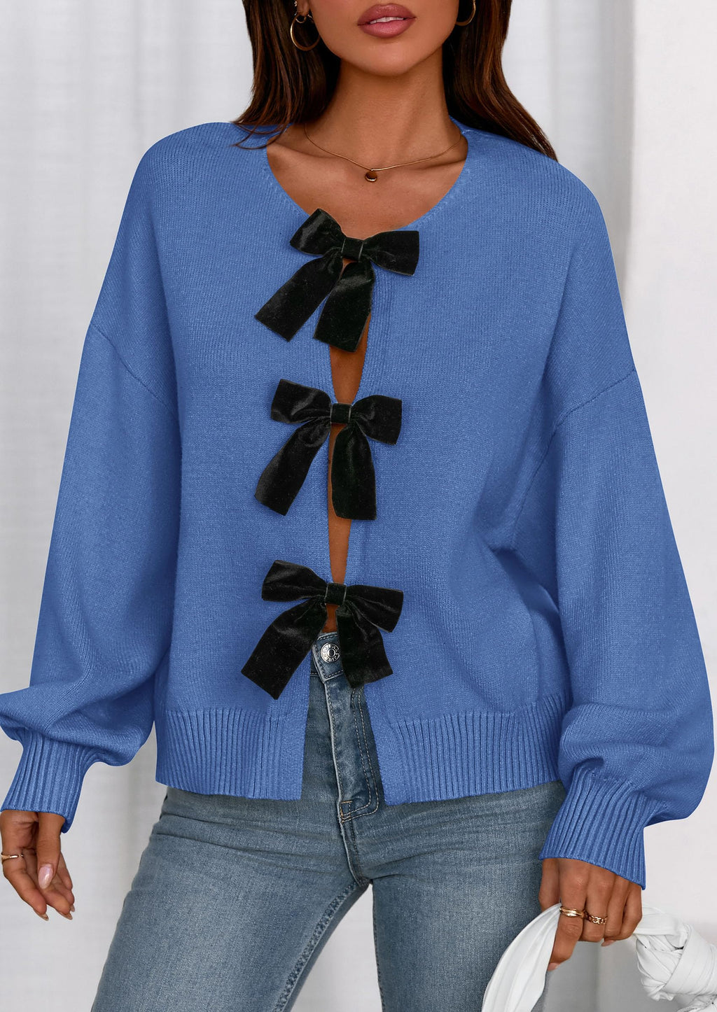 PRETTYGARDEN Cardigan Sweaters for Women Fall Fashion Bow Tie Front Long Sleeve Knit Sweater Tops Cute Winter Clothes
