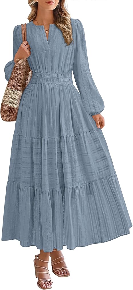 FreshPretty Fall Dresses for Women Casual Long Sleeve V Neck Elastic Waist Lightweight Maxi Wedding Guest Dress Pockets