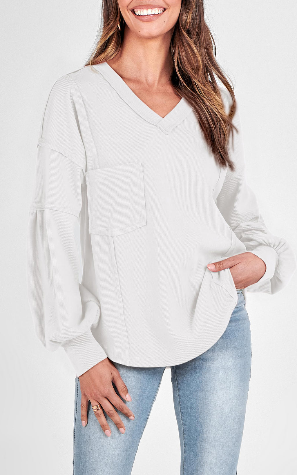 FreshPretty Womens Fall Fashion Long Sleeve Shirts Casual V Neck Ribbed Knit Blouses Pullover Trendy Loose Fit Tunic Tops