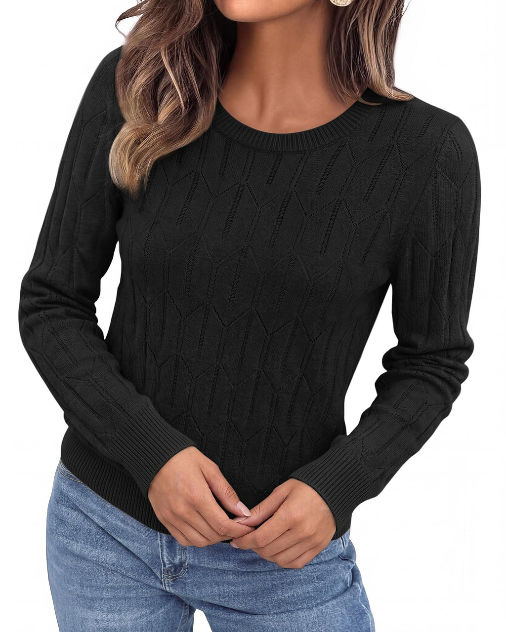 BTFBM Womens Sweaters Long Sleeve Crewneck Pullover Tops Dressy Casual Lightweight Knit Sweater,Small Hollow Out Boho Shirts, Fall Fashion,Winter Layer Basic Clothes,Business Casual Outfits