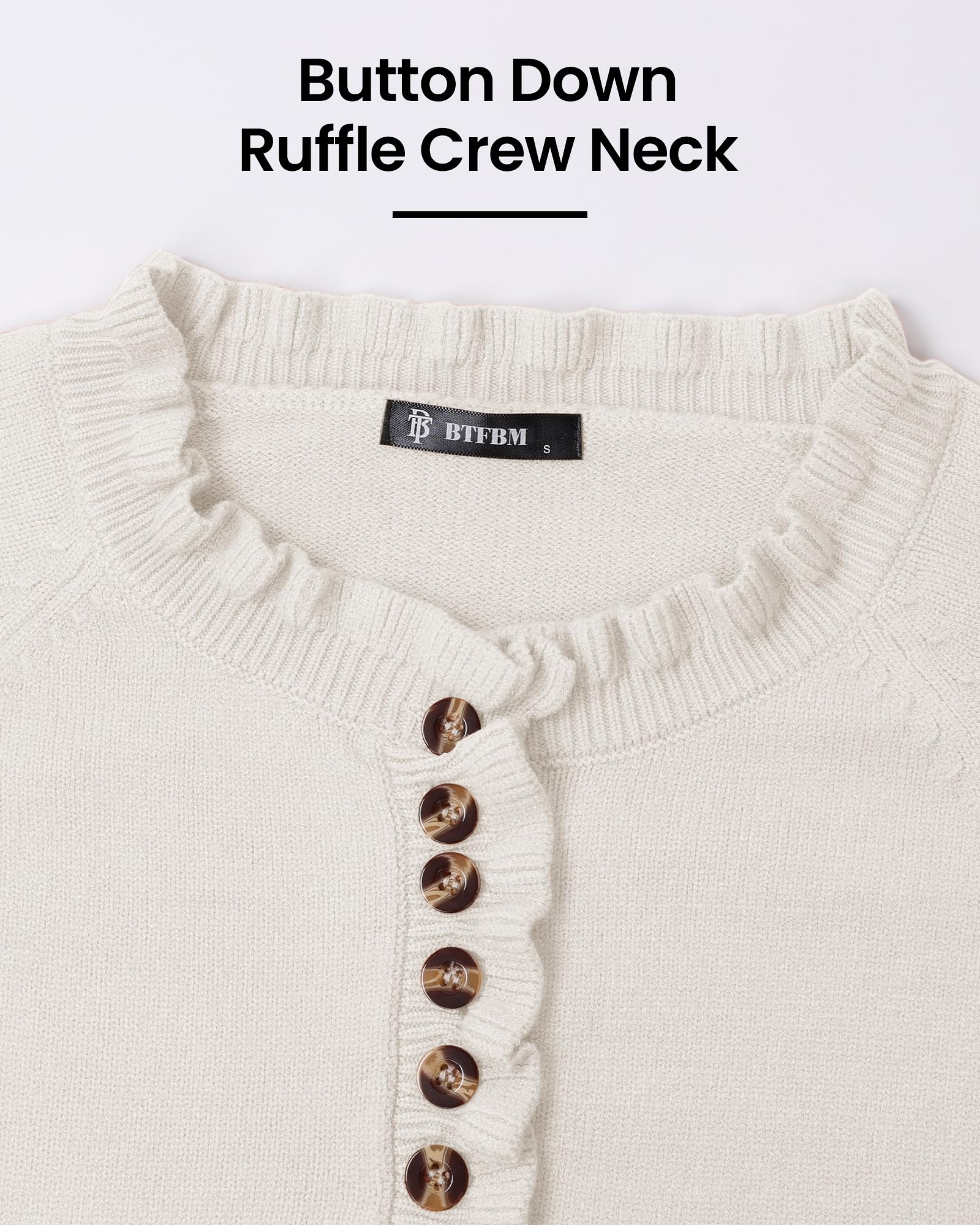 FreshPretty Womens Sweaters Fall Winter Clothes Long Sleeve Button Down Ruffle Crew Neck Casual Knitted Pullover Tops