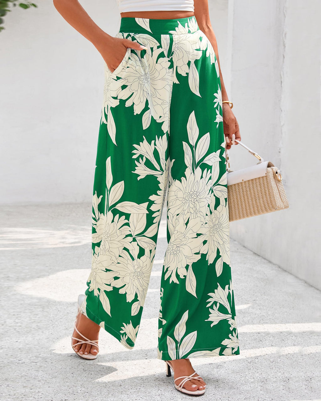 FreshPretty Womens Wide Leg Summer Pants Boho Beach Vacation Loose Elastic Waist Printed Palazzo Pant Pockets